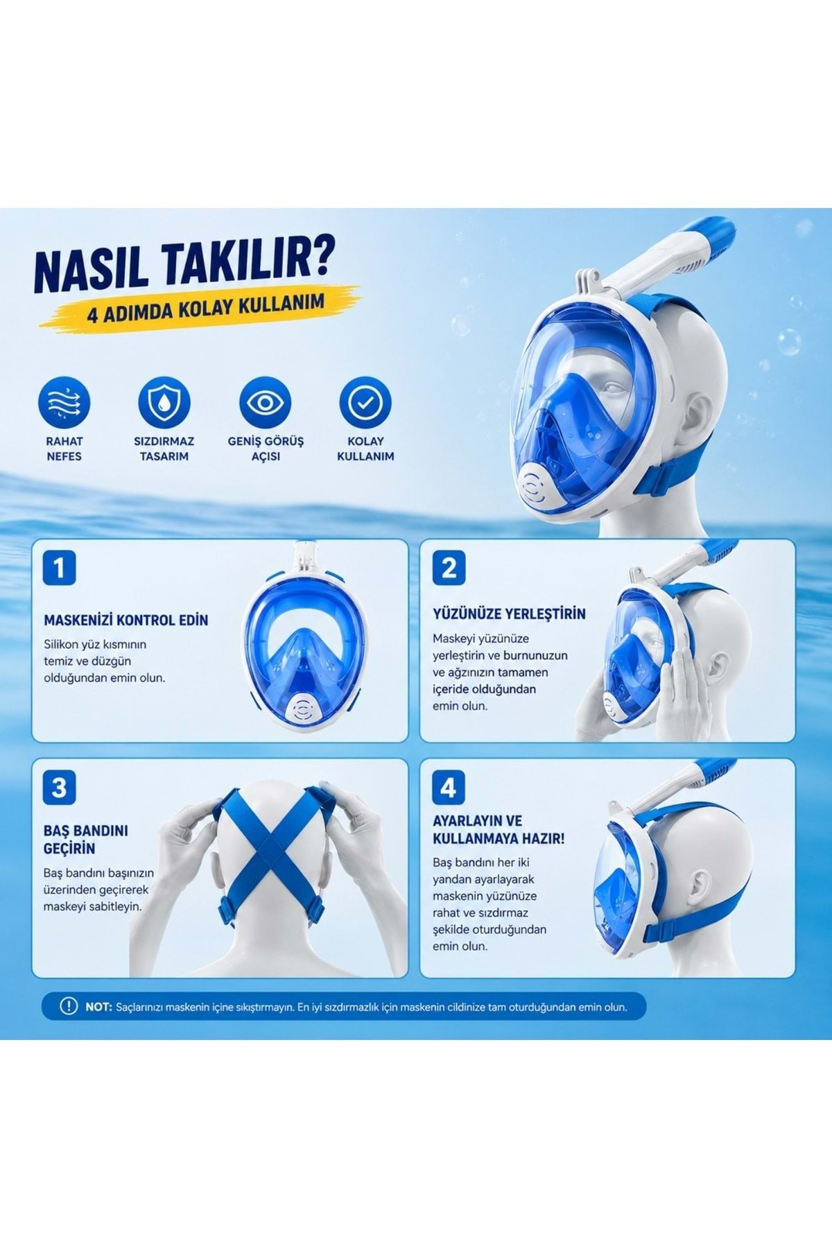 HyMark Tam Yüz Şnorkel Maske (S-M) Beden Panoramik Görüşlü Deniz Gözlüğü Dry Top Sistem Şnorkel Seti