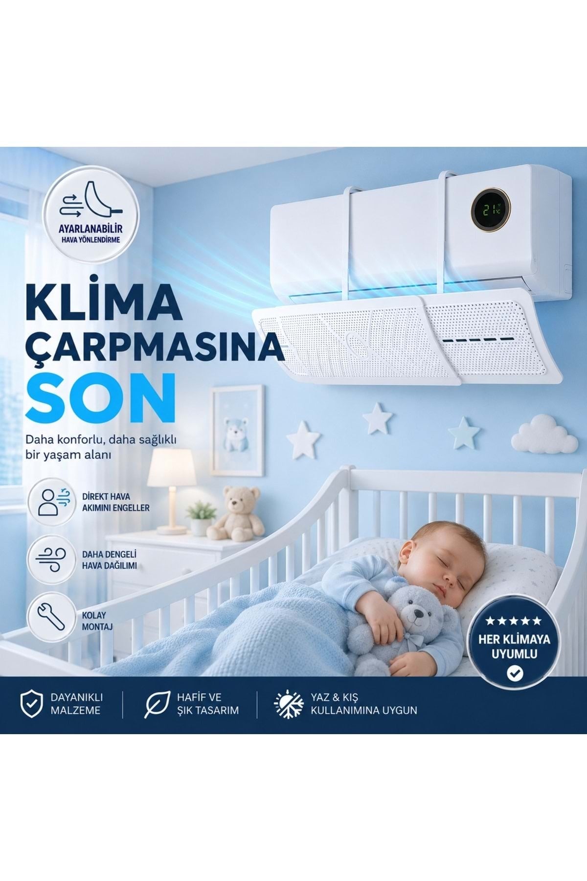 HyMark Askılı Ayarlanabilir 56-95cm Klima Yönlendirici Aparat Klima Rüzgar Önleyici Deflektör