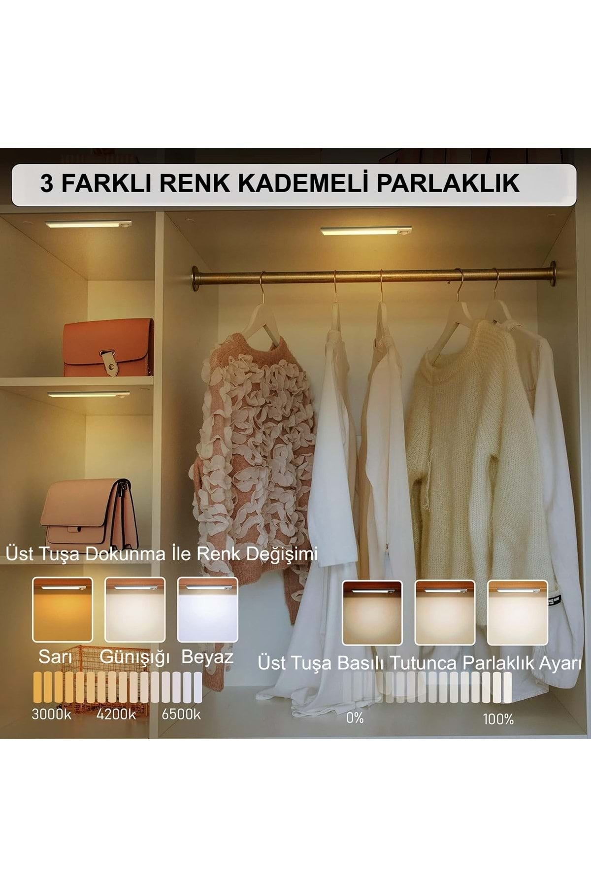 HyMark 40cm Sensörlü Alüminyum USB Şarjlı LED Gece Lambası 3 Renk Kısılabilir Mutfak Dolap Tezgah