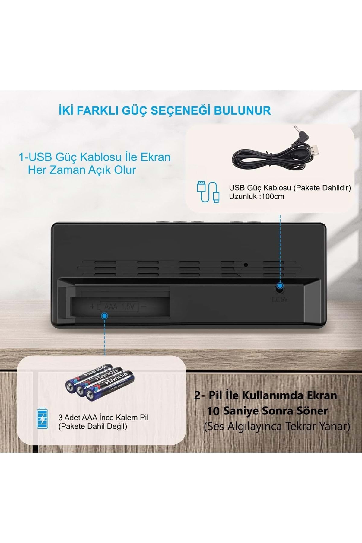 HyMark LED Ekran USB Güç Dijital Aynalı Masa Saati Sıcaklık Alarm Takvim/ADPT
