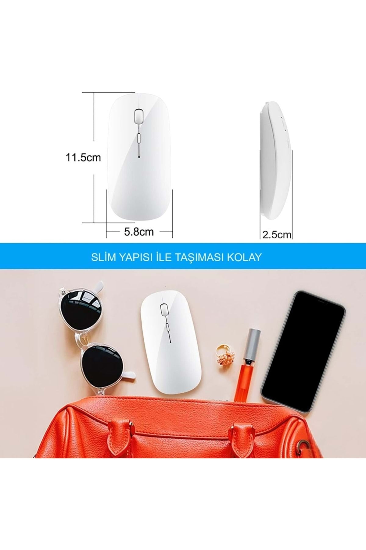 HyMark Sessiz Tıklama Şarjlı Çift Modlu Bluetooth Kablosuz 2.4Ghz Beyaz Mouse