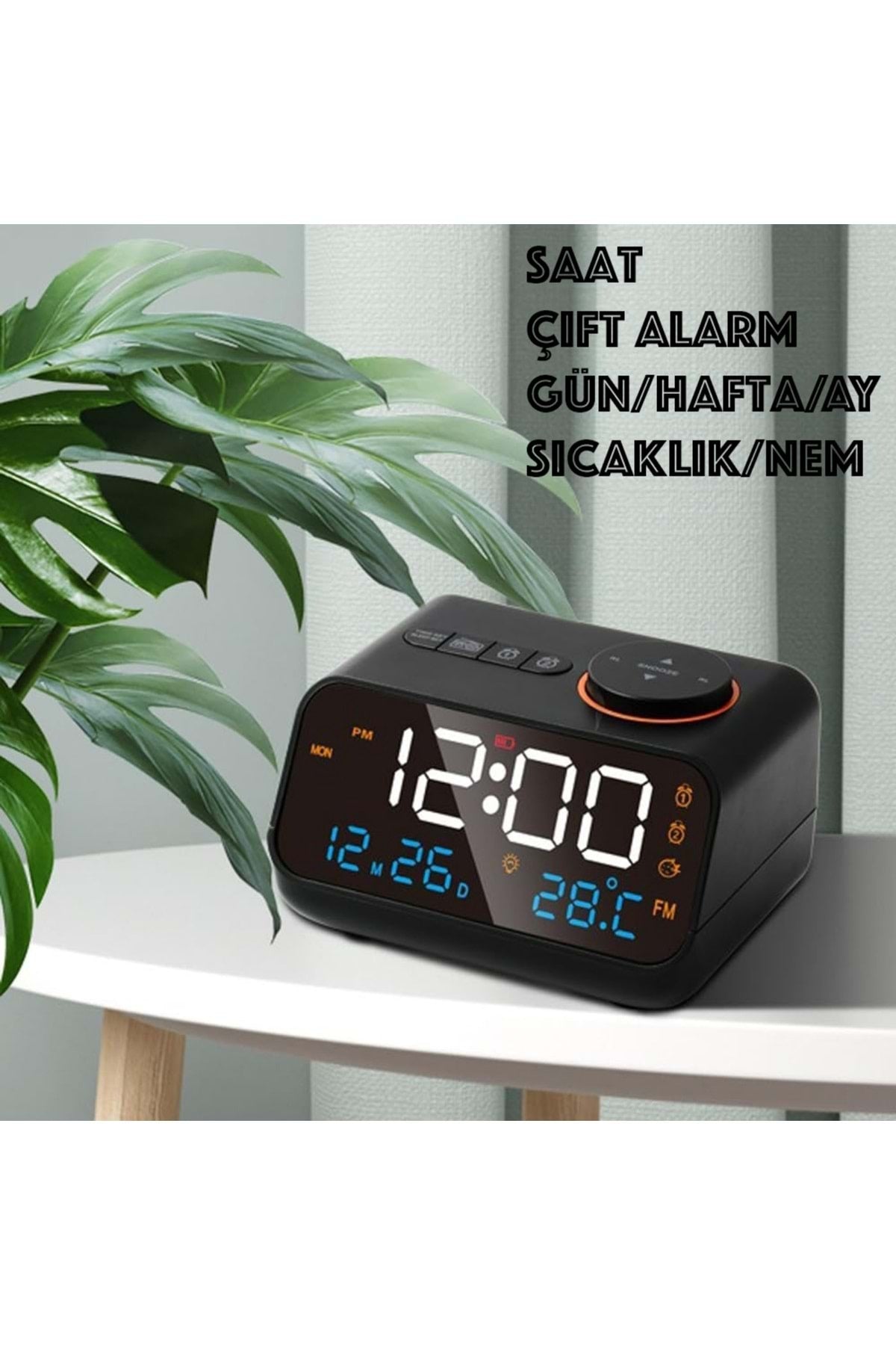 HyMark Dekoratif LED Dijital Saat FM Radyo 2 Alarm Sıcaklık ve Nem Göstergeli Şarjlı Pilli Saat