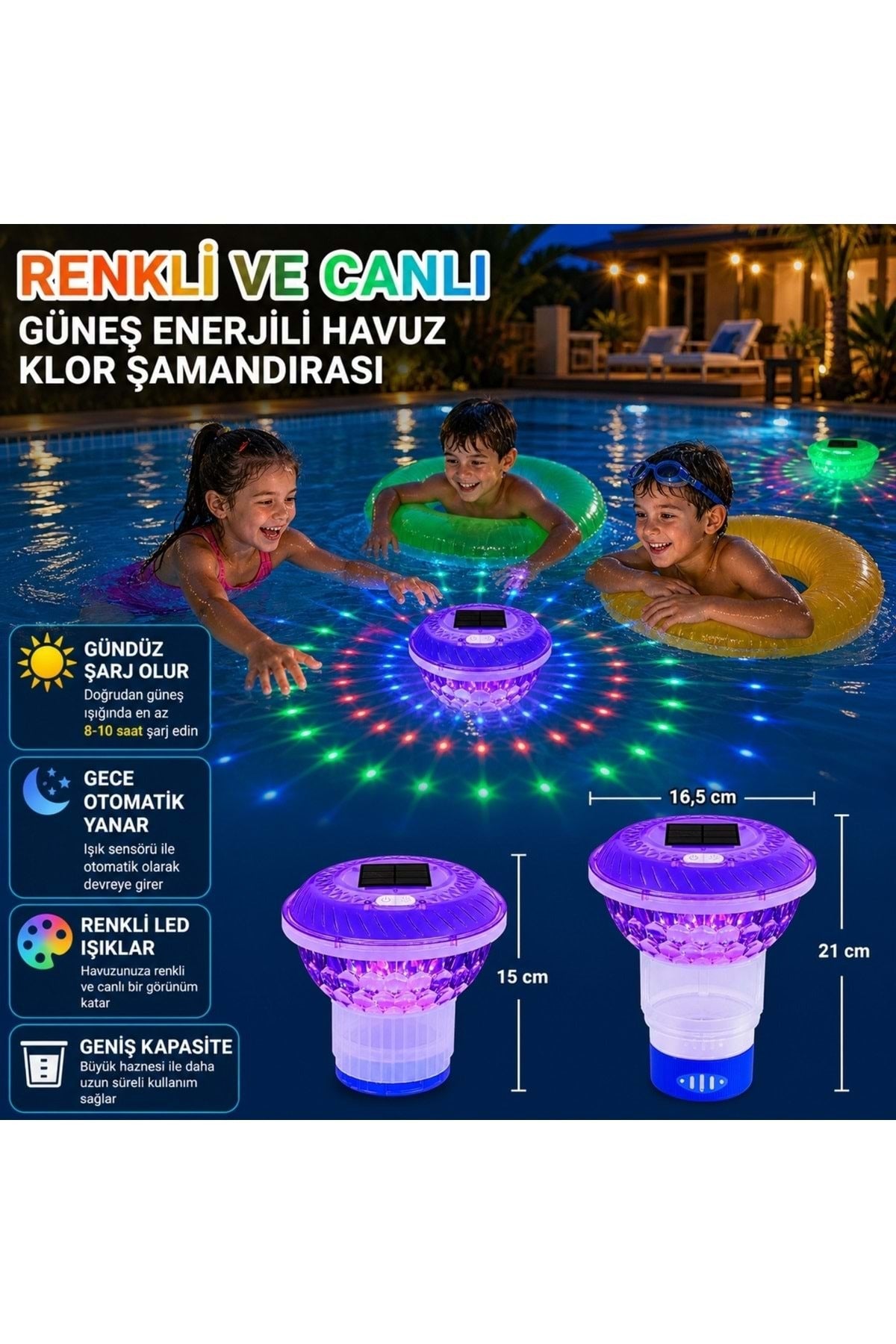 HyMark Güneş Enerjili RGB Uzaktan Kumandalı Su Geçirmez Havuz Klor Şamandırası