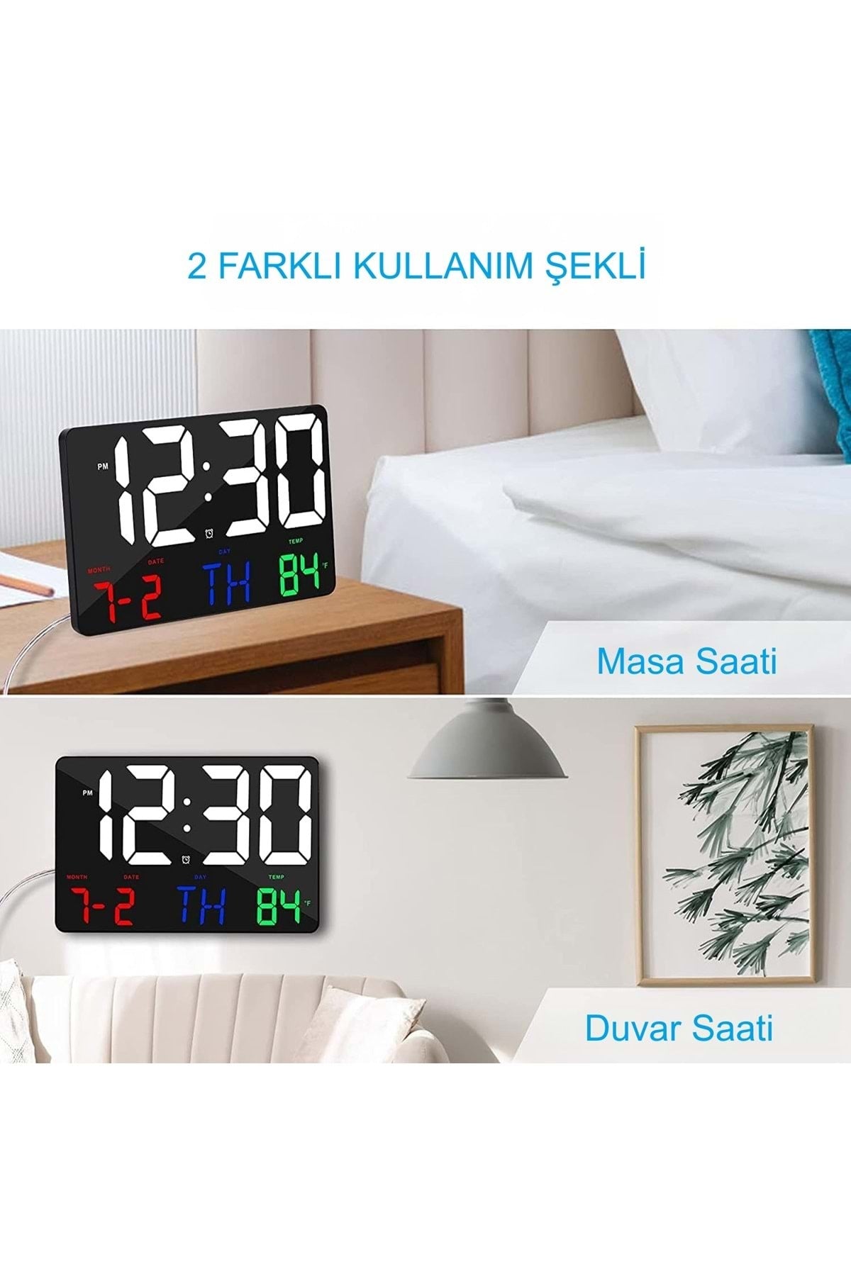HyMark Dijital Duvar Saati Renkli HD LED Ekran 25X16 Cm Tarih Gün Sıcaklık Alarm USB Dekoratif