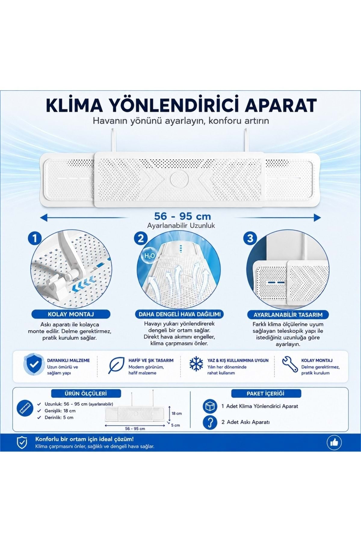 HyMark Askılı Ayarlanabilir 56-95cm Klima Yönlendirici Aparat Klima Rüzgar Önleyici Deflektör