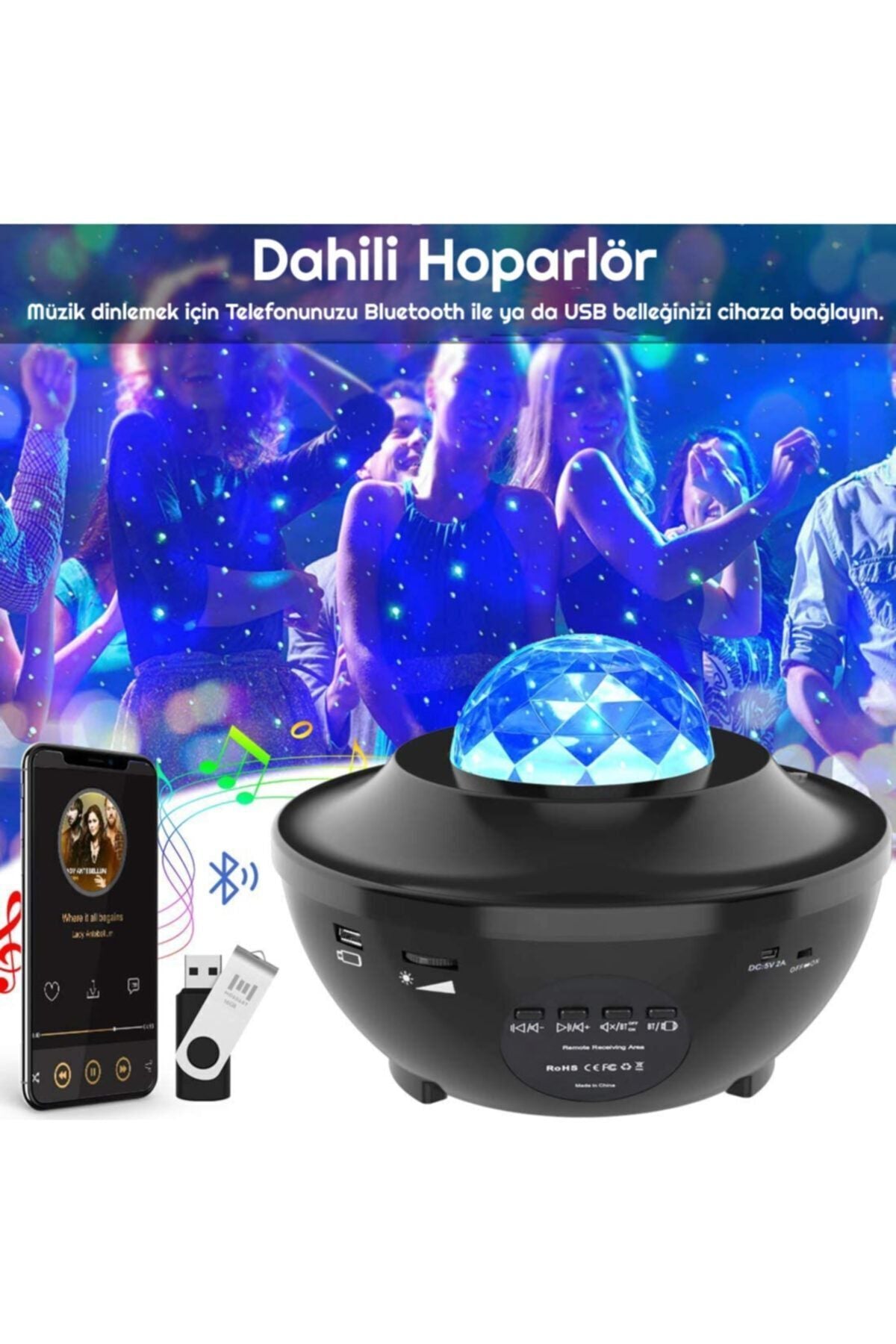 HyMark Led Yıldız Bluetooth Hoparlör Usb Projektör Okyanus Dalgası 21 Modlu Gece Lambası