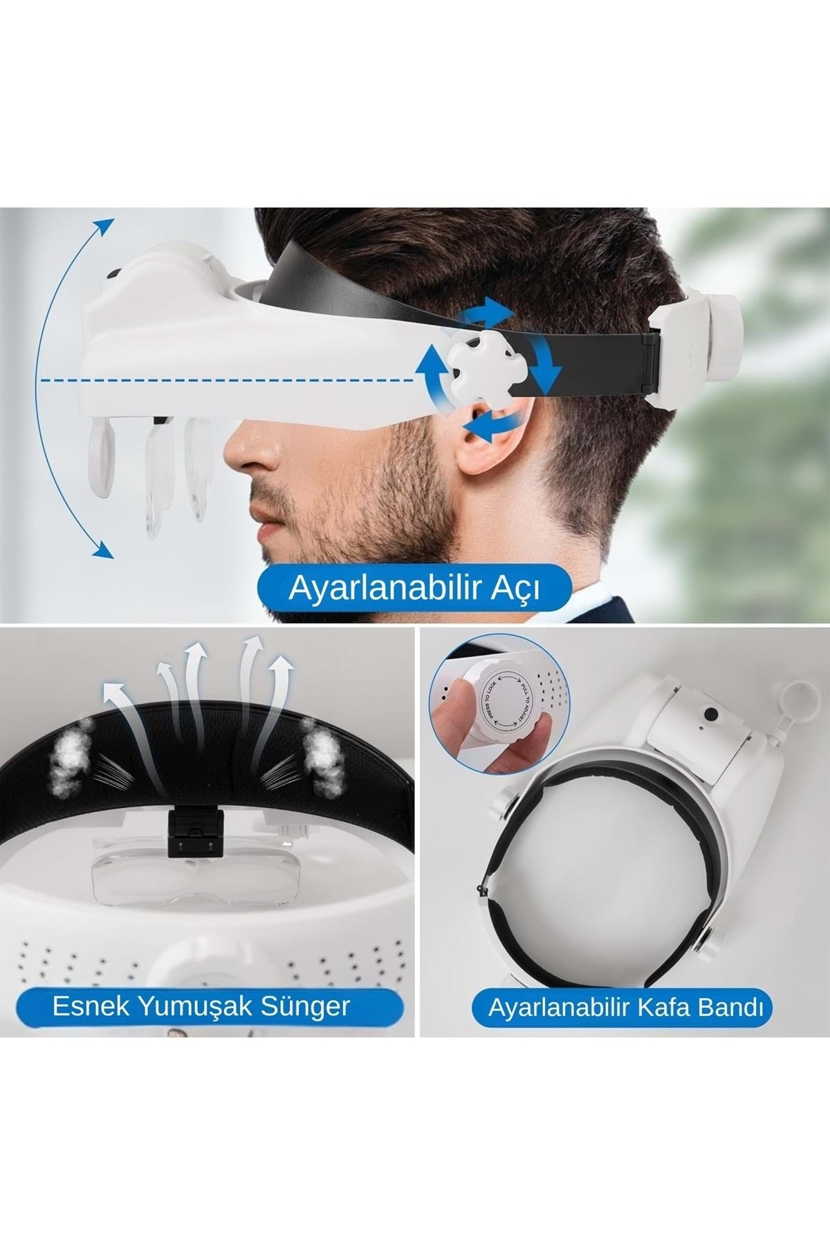 HyMark Kafa Bandı MG82000MC Büyüteç Gözlük LED Işıklı Şarjlı Pil Çoklu Değiştirilebilir Lens Ayarlı