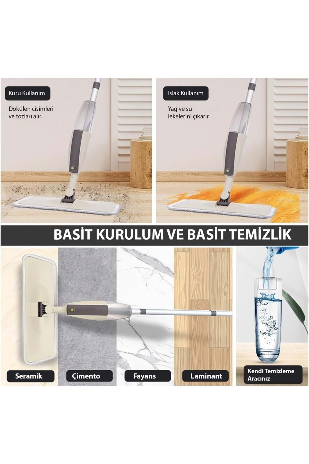 HyMark Sprey Mop Su Deterjan Hazneli 360 Derece Dönen Mikrofiber Bez Temizlik Seti