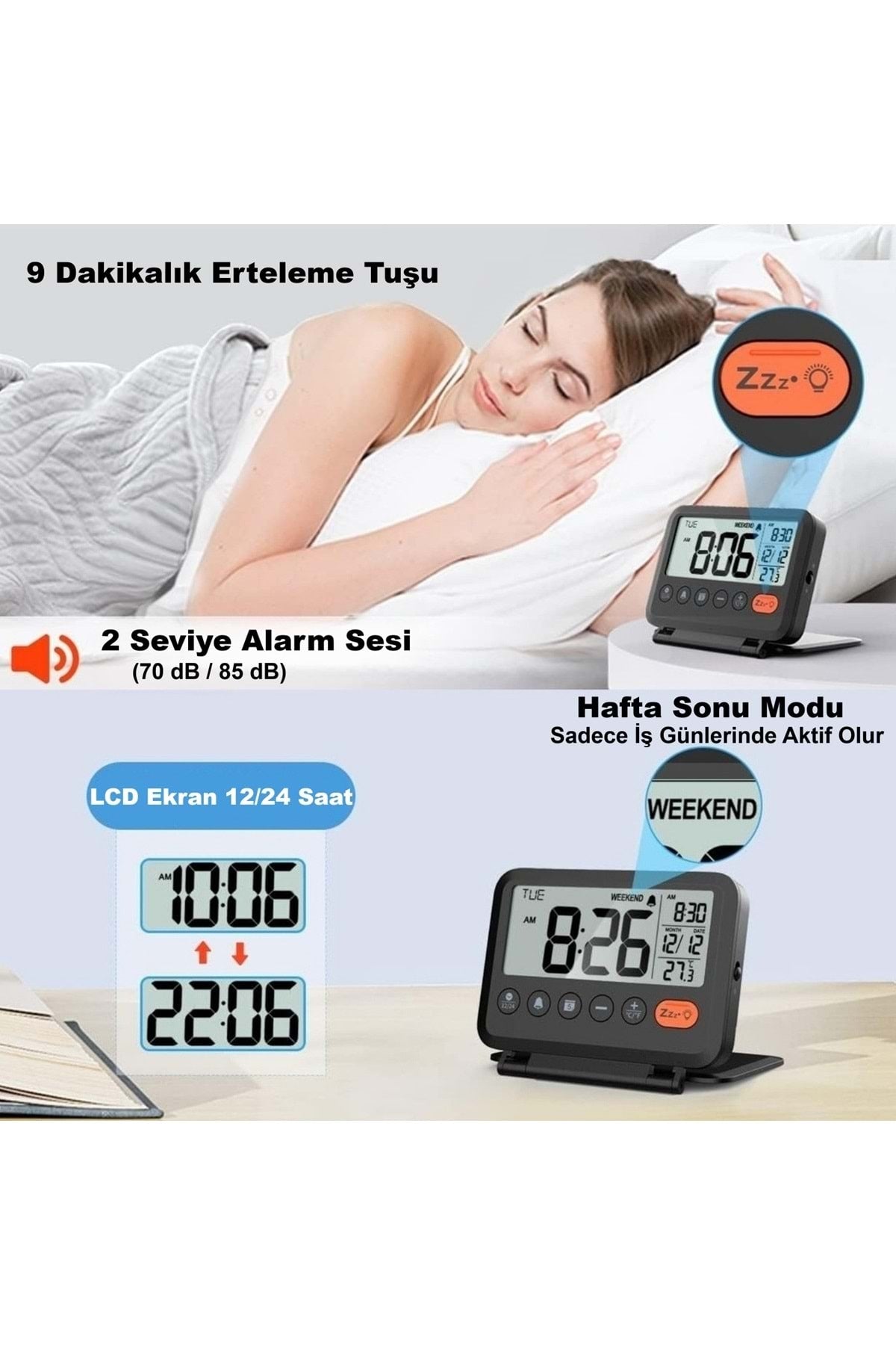 HyMark LCD Katlanır 10x8cm Dijital Masa Saati Çalar Saat Takvim Sıcaklık Led Pilli Seyahat Ofis Ev