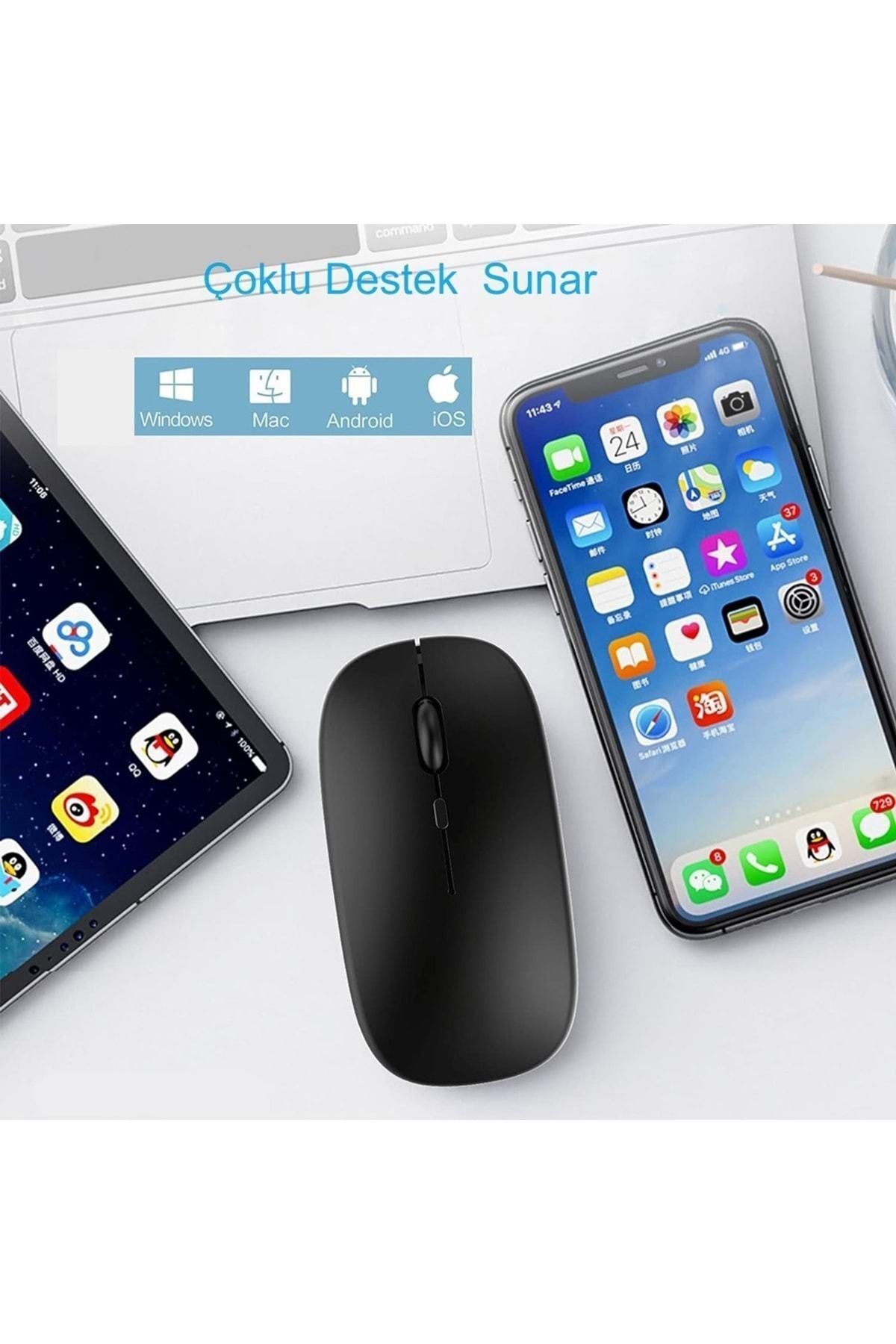 HyMark Sessiz Tıklama Şarjlı Çift Modlu Bluetooth Kablosuz 2.4Ghz Siyah Mouse