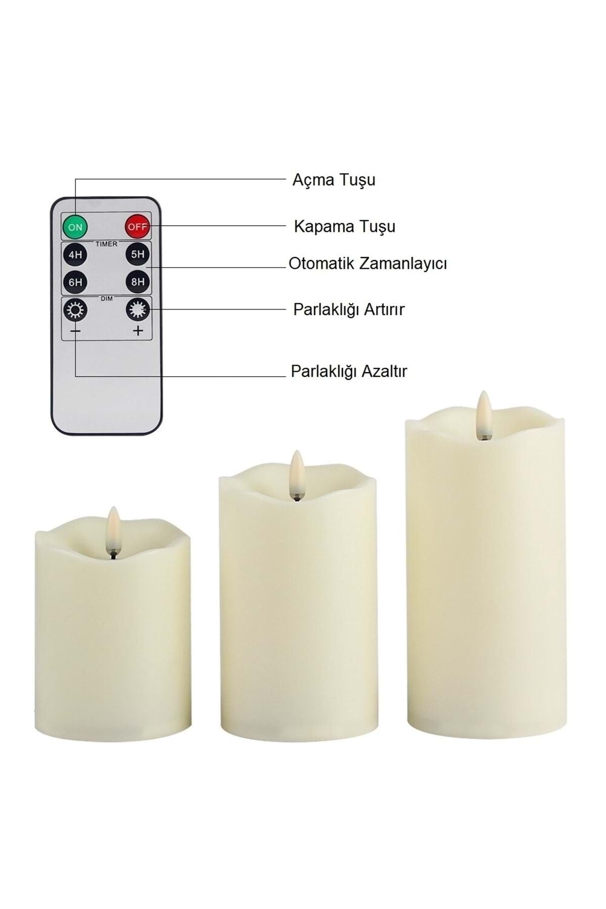 HyMark Alevsiz Titreyen Led Mum Büyük Boy 3lü Set Kumandalı