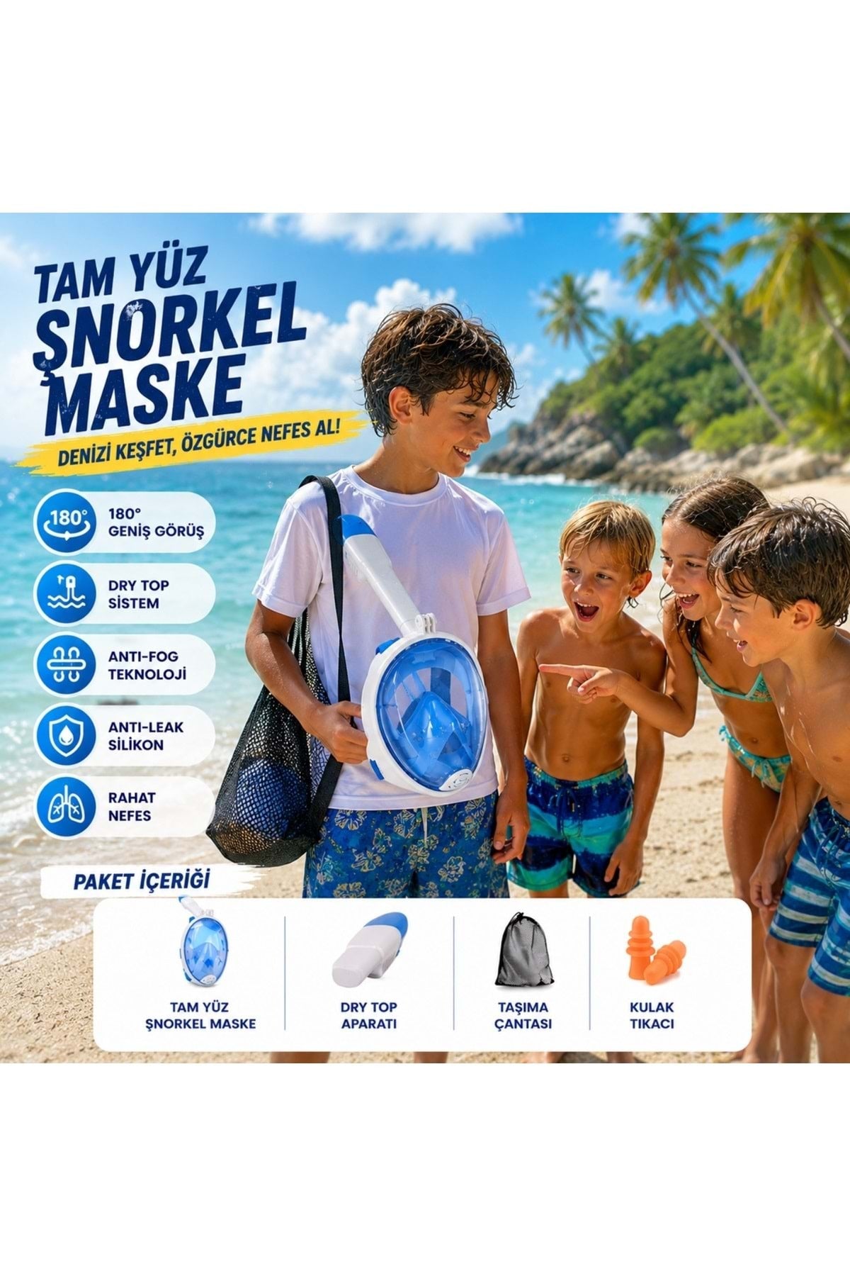 HyMark Tam Yüz Şnorkel Maske (S-M) Beden Panoramik Görüşlü Deniz Gözlüğü Dry Top Sistem Şnorkel Seti