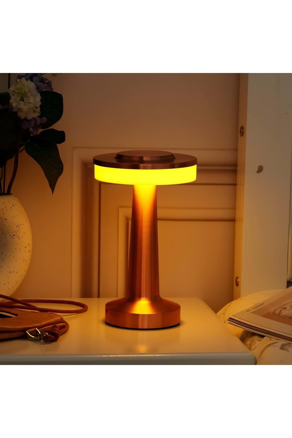 HyMark Retro Şarjlı Dekoratif Dokunmatik Metal Masa Lambası 3 Renk Mod Dim Edilebilir