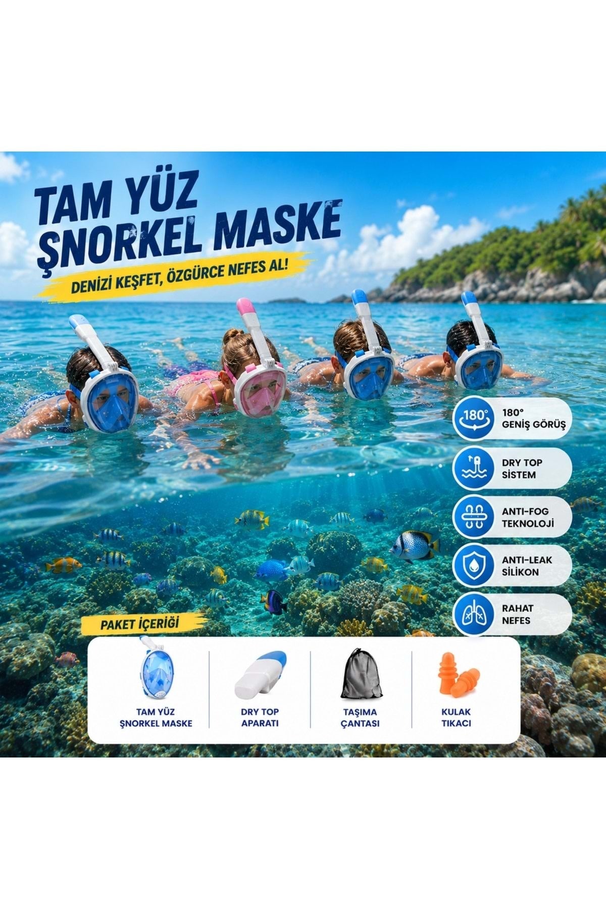 HyMark Tam Yüz Şnorkel Maske (S-M) Beden Panoramik Görüşlü Deniz Gözlüğü Dry Top Sistem Şnorkel Seti