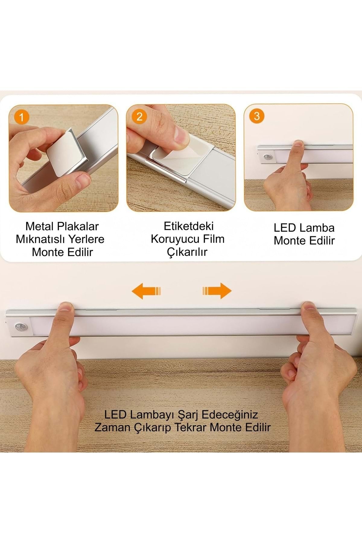 HyMark 40cm Sensörlü Alüminyum USB Şarjlı LED Gece Lambası 3 Renk Kısılabilir Mutfak Dolap Tezgah