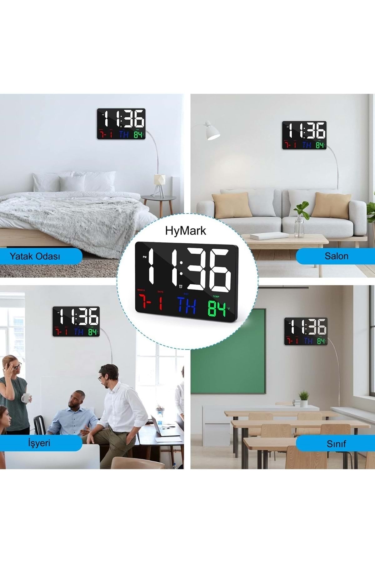 HyMark Dijital Duvar Saati Renkli HD LED Ekran 25X16 Cm Tarih Gün Sıcaklık Alarm USB Dekoratif