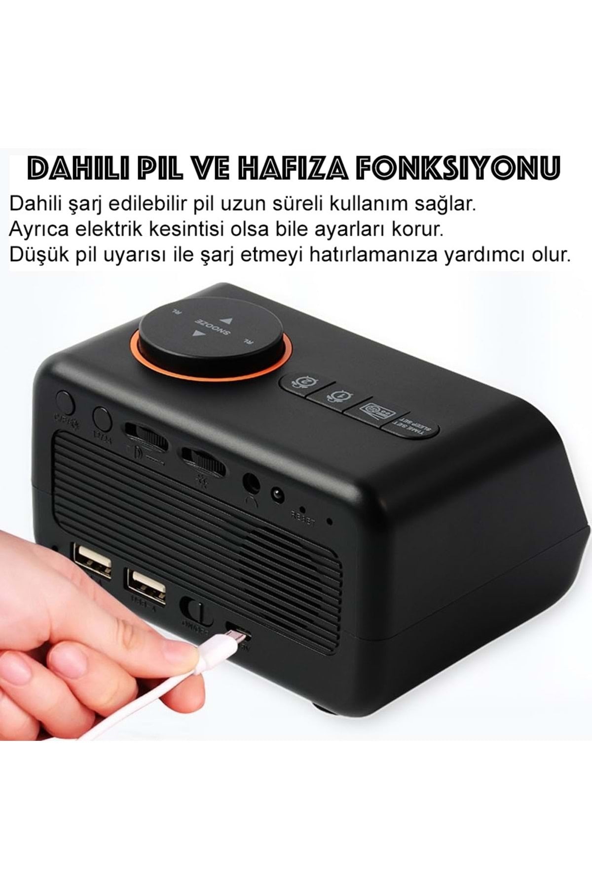 HyMark Dekoratif LED Dijital Saat FM Radyo 2 Alarm Sıcaklık ve Nem Göstergeli Şarjlı Pilli Saat