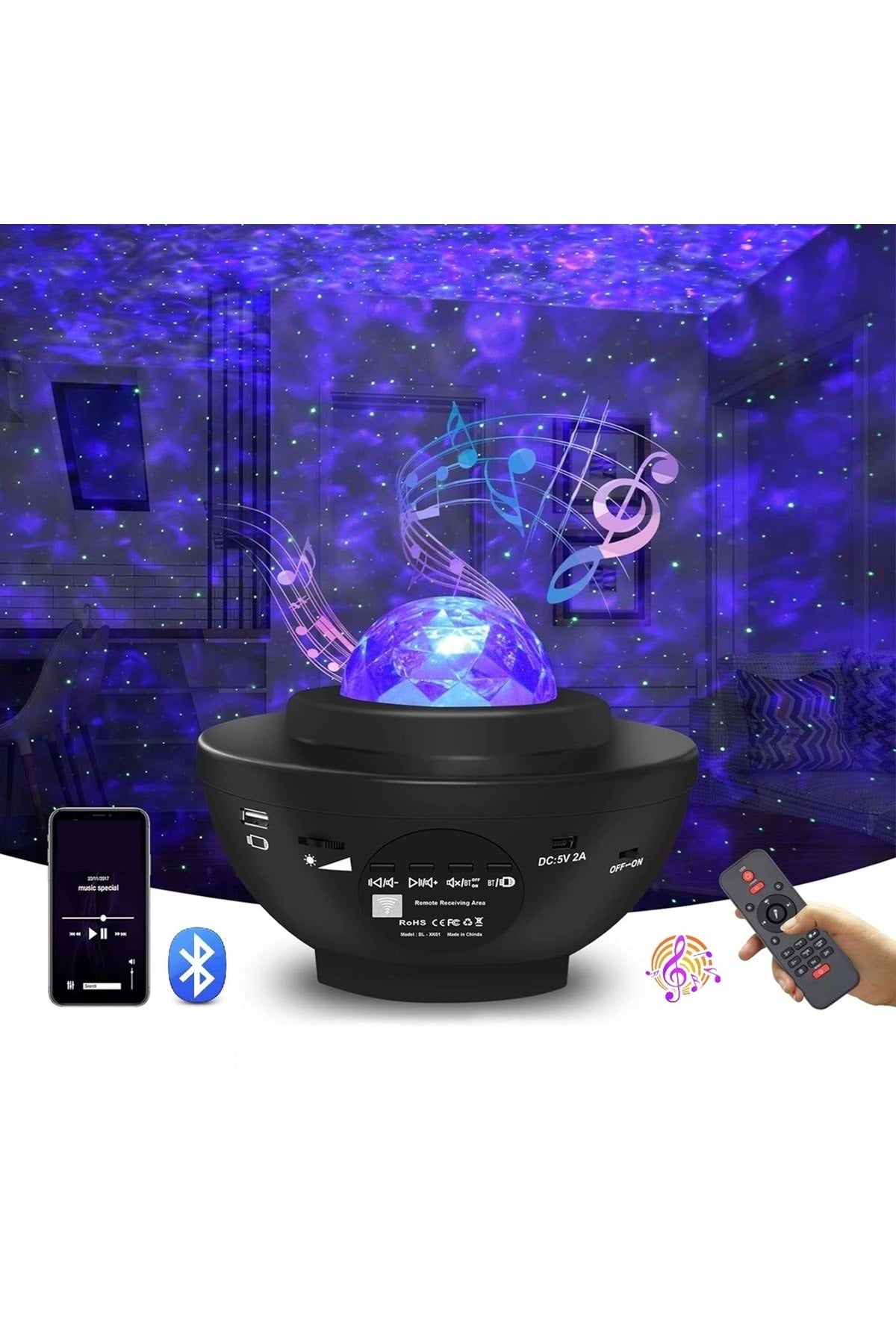 HyMark Led Yıldız Bluetooth Hoparlör Usb Projektör Okyanus Dalgası 21 Modlu Gece Lambası