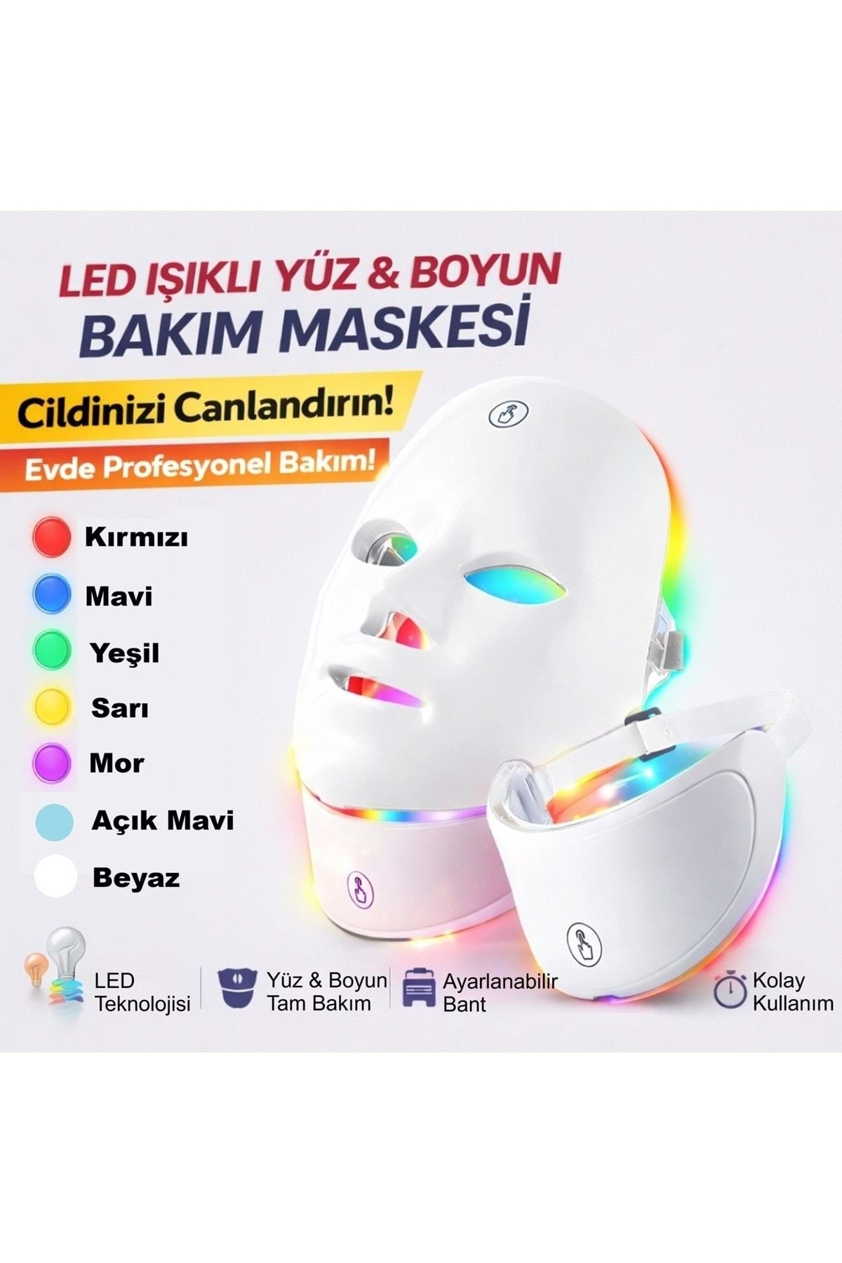 HyMark Yüz ve Boyun Güzellik Cihazı 7 Renkli LED Yüz Maskesi Seti Foton Cilt Bakım Işık Terapisi