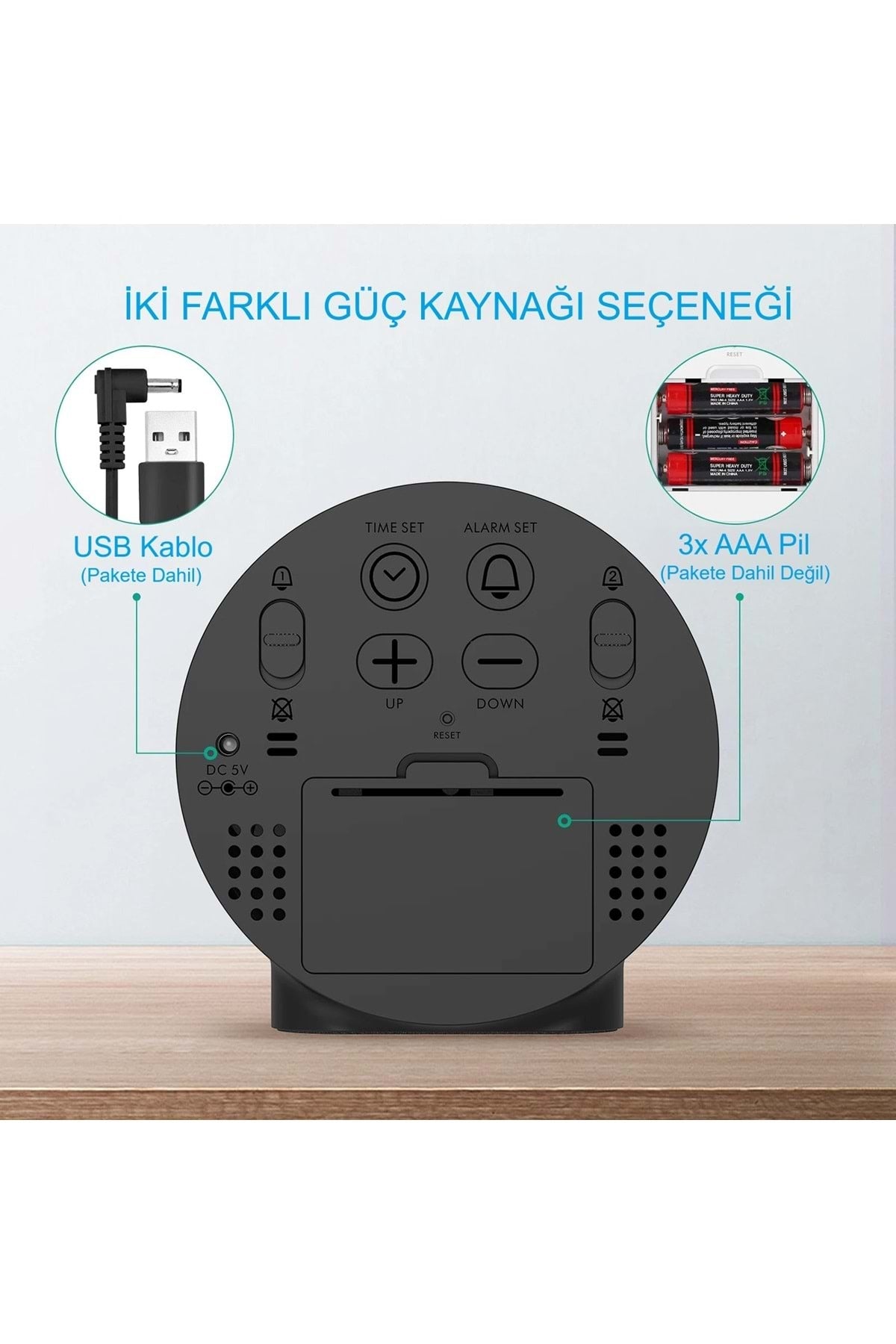 HyMark Yuvarlak Siyah Dijital LED Masa Saati USB Güç Saat Erteleme Modern Saat