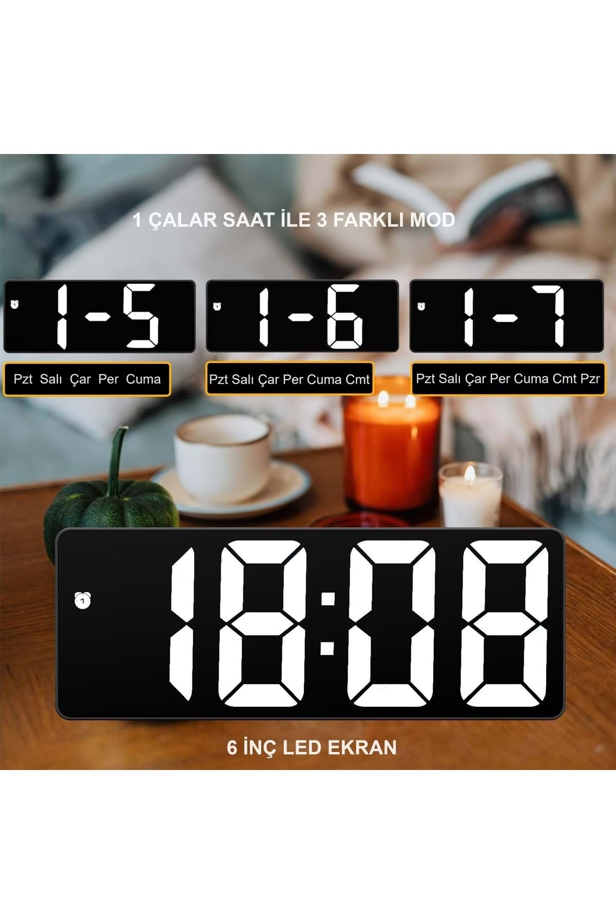HyMark LED Ekran USB Güç Dijital Aynalı Masa Saati Sıcaklık Alarm Takvim/ADPT