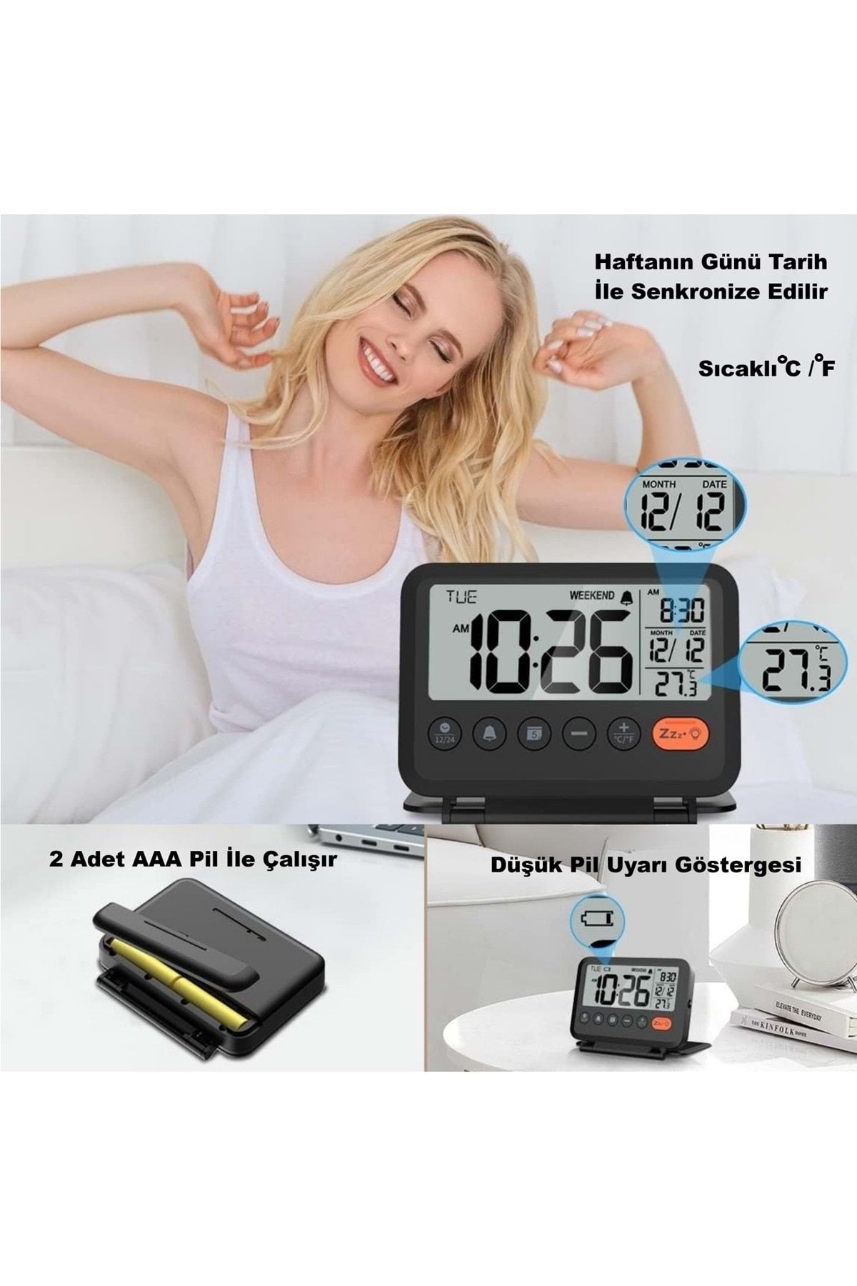 HyMark LCD Katlanır 10x8cm Dijital Masa Saati Çalar Saat Takvim Sıcaklık Led Pilli Seyahat Ofis Ev