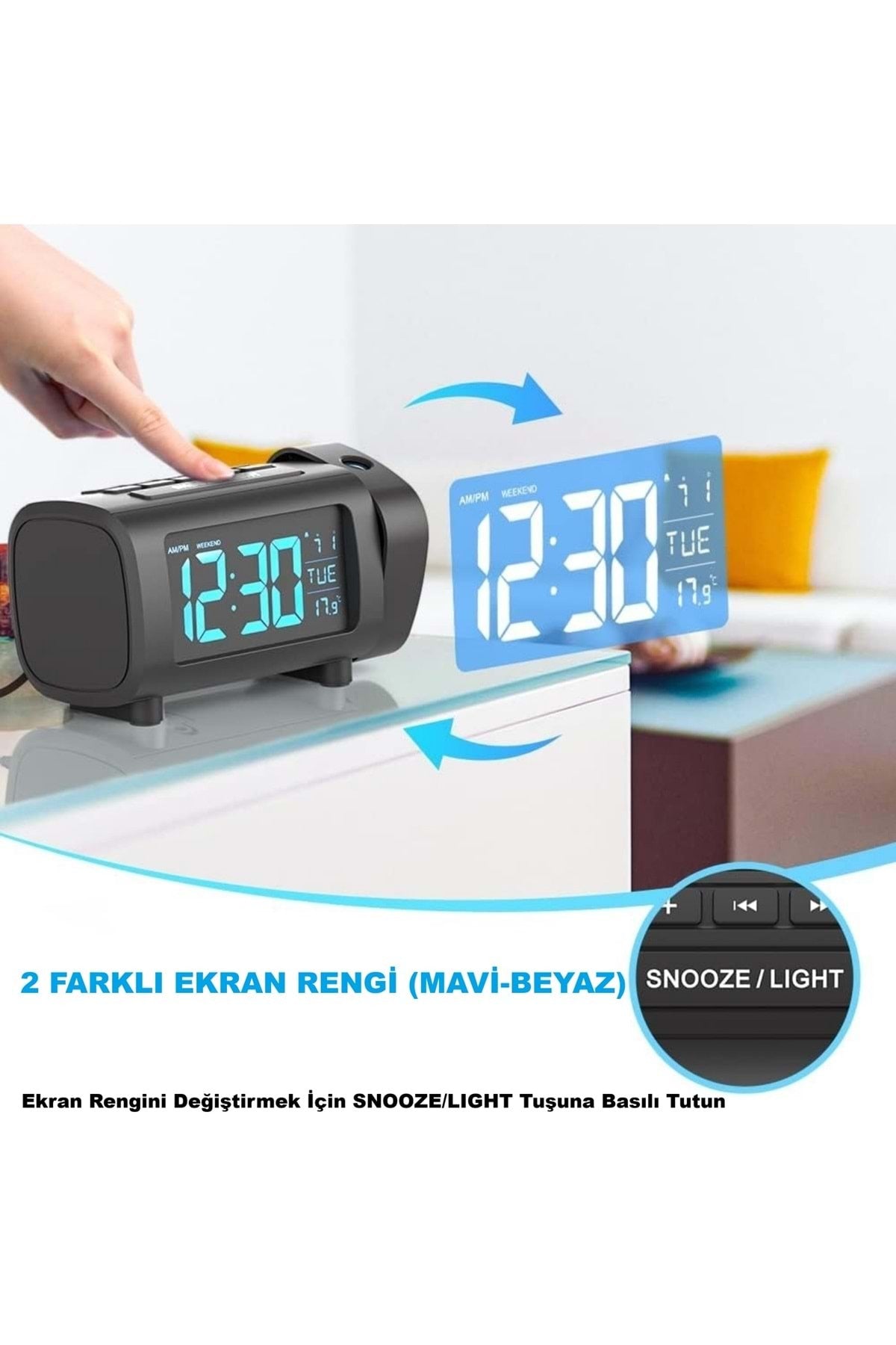 HyMark Mavi Projeksiyonlu Çalar Saat FM Radyo Dijital Saat USB Şarj Sıcaklık 4 Seviye Parlaklık