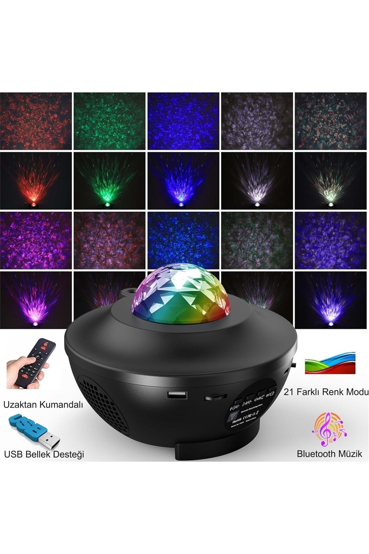 HyMark Led Yıldız Bluetooth Hoparlör Usb Projektör Okyanus Dalgası 21 Modlu Gece Lambası