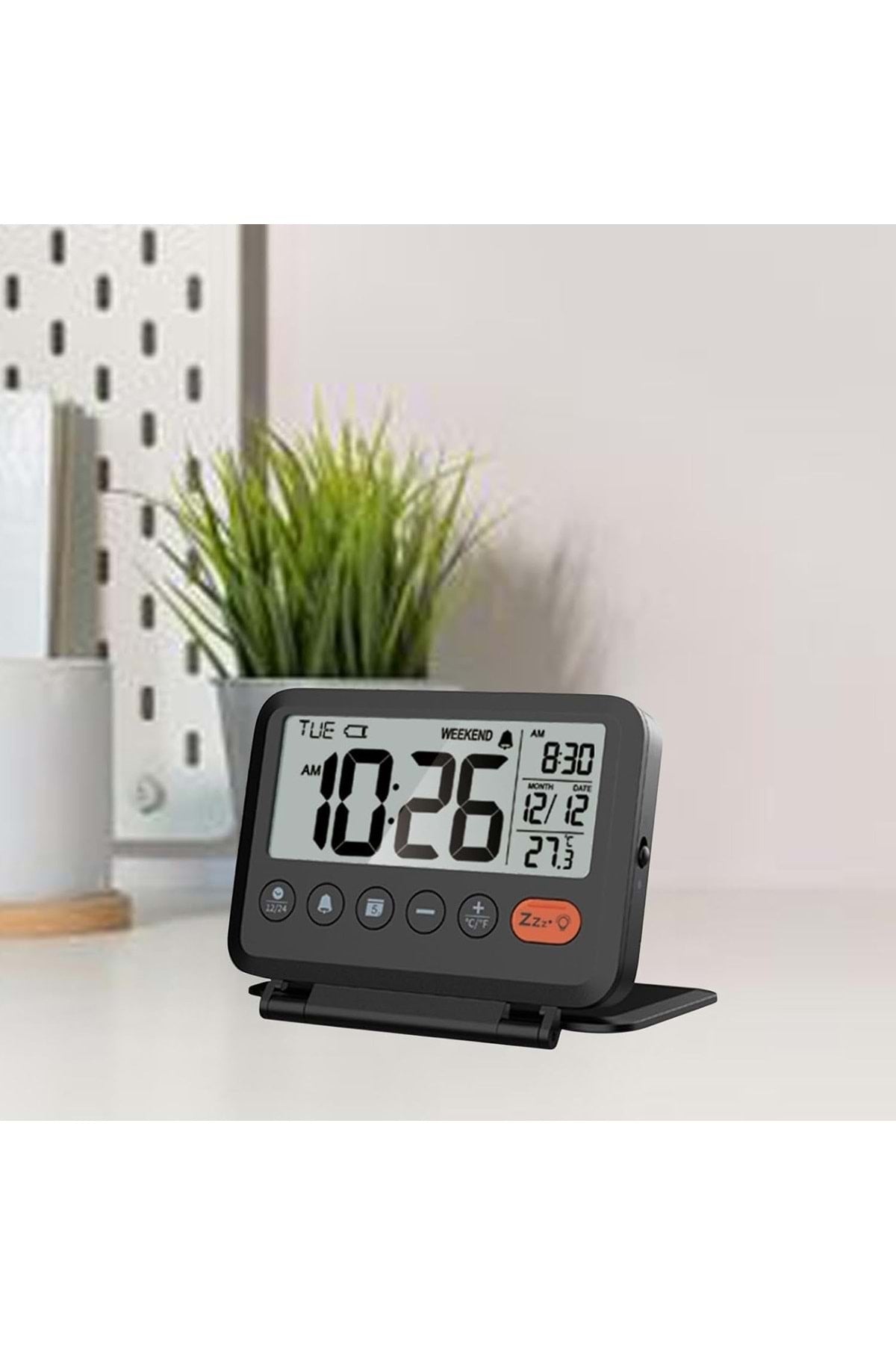 HyMark LCD Katlanır 10x8cm Dijital Masa Saati Çalar Saat Takvim Sıcaklık Led Pilli Seyahat Ofis Ev