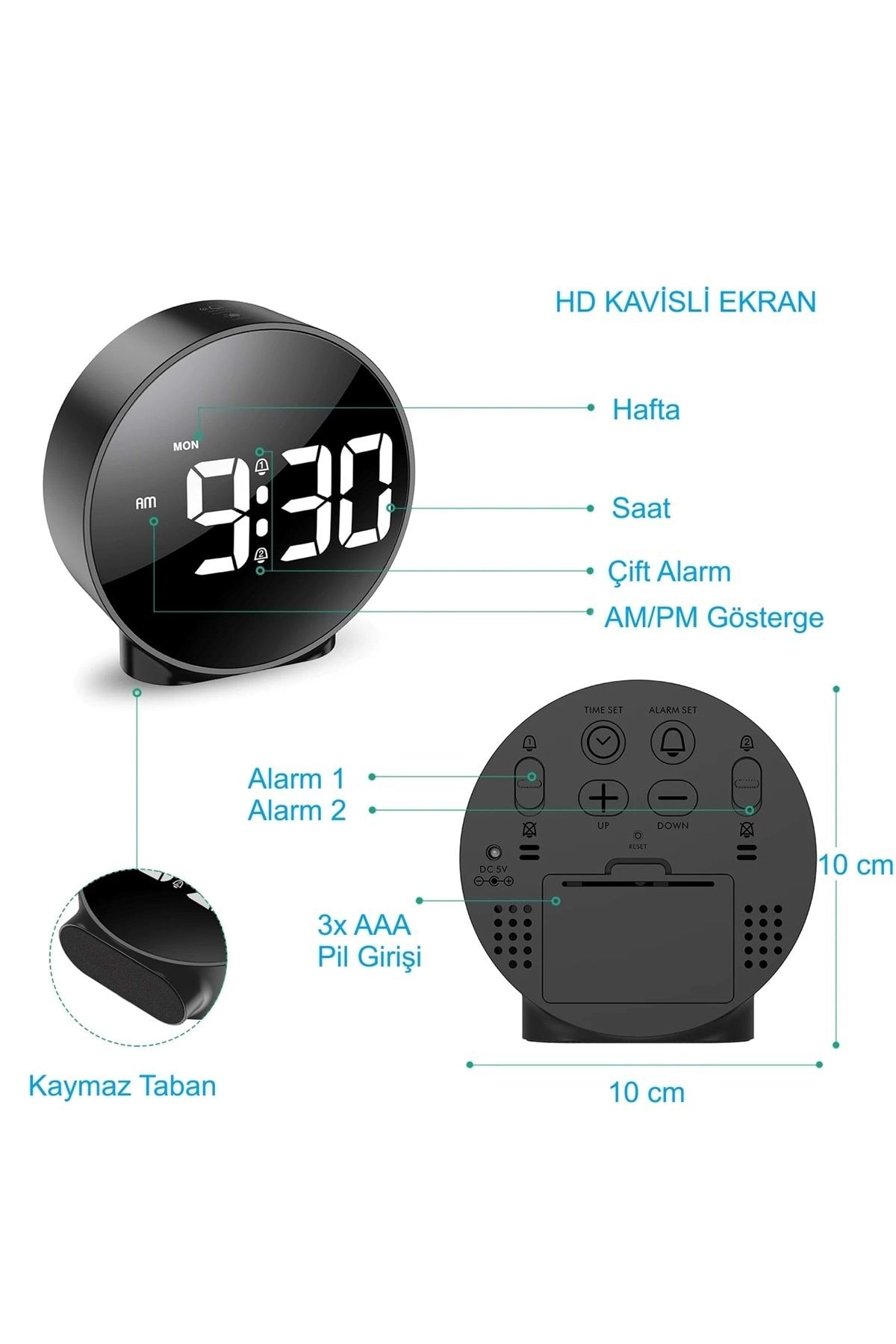 HyMark Yuvarlak Siyah Dijital LED Masa Saati USB Güç Saat Erteleme Modern Saat