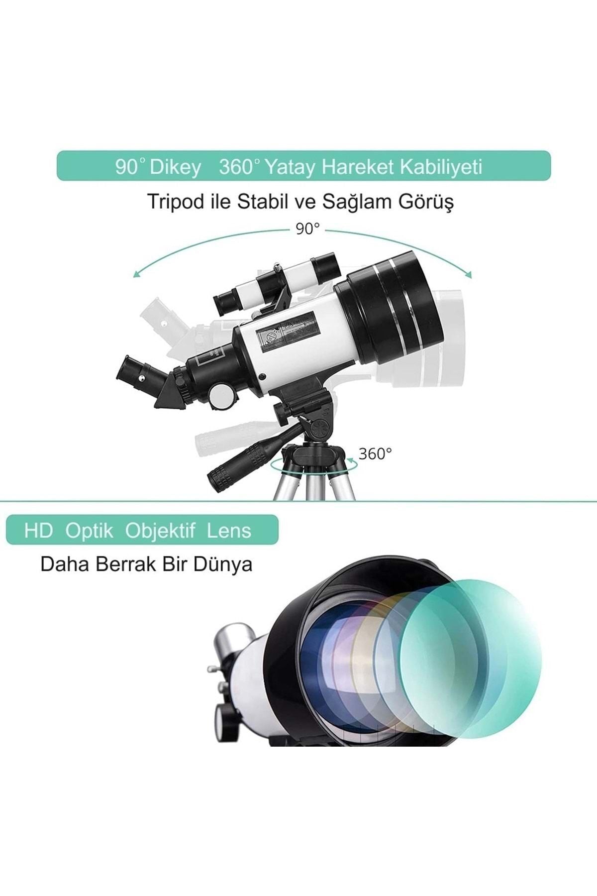 HyMark Astronomik 150X Teleskop 70/300mm Mercek Gece Görüş Uzay Doğa Gözlem Eğitici Öğretici