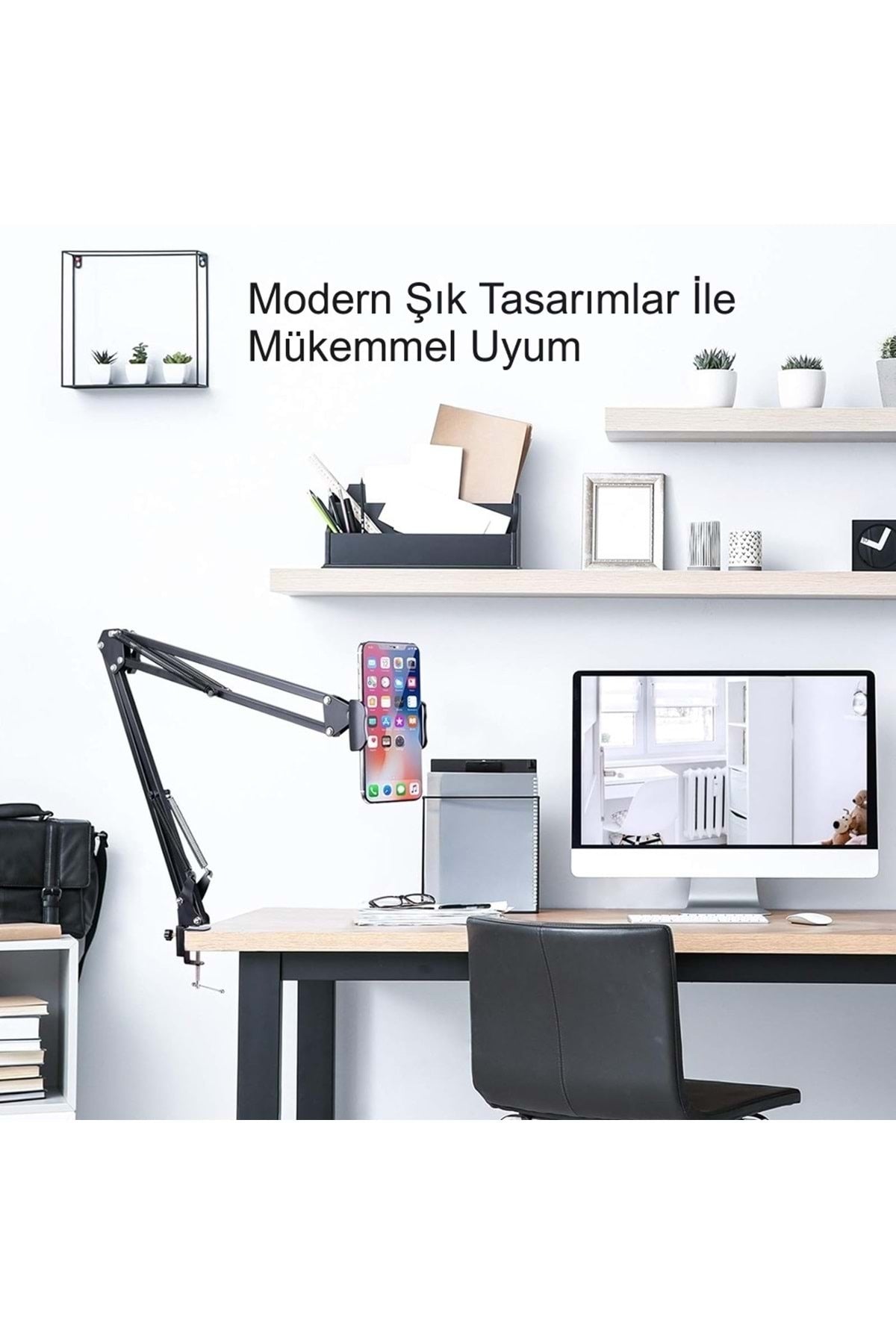 HyMark Esnek Metal Uzun Kollu Telefon Tablet Tutucu Teleskopik 360 Derece Hareketli
