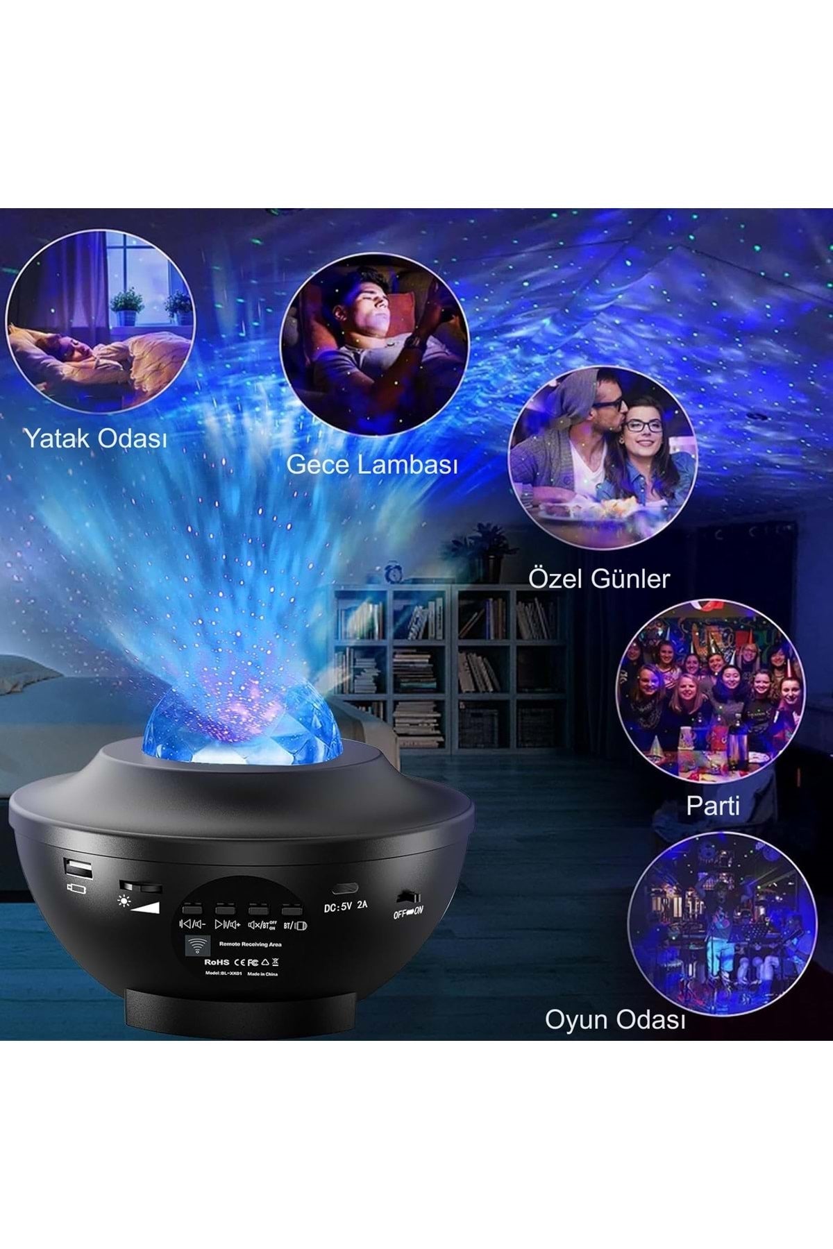 HyMark Led Yıldız Bluetooth Hoparlör Usb Projektör Okyanus Dalgası 21 Modlu Gece Lambası