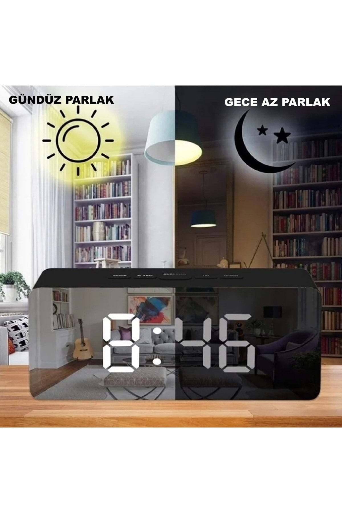 HyMark Dijital Çalar Saat Usb/Pil Aynalı LED Termometre Alarm Gece Modlu Eletronik Saat