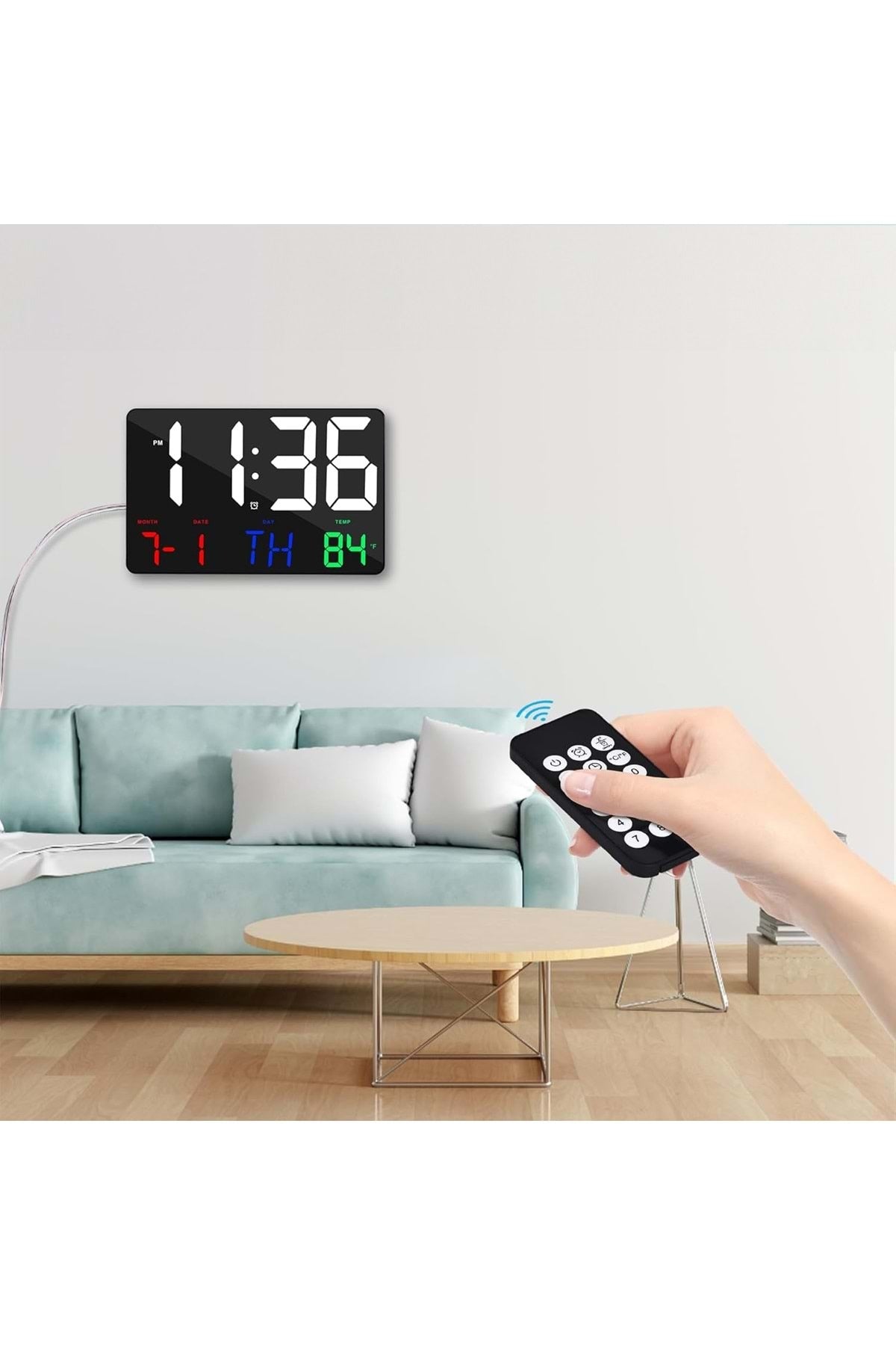HyMark Dijital Duvar Saati Renkli HD LED Ekran 25X16 Cm Tarih Gün Sıcaklık Alarm USB Dekoratif