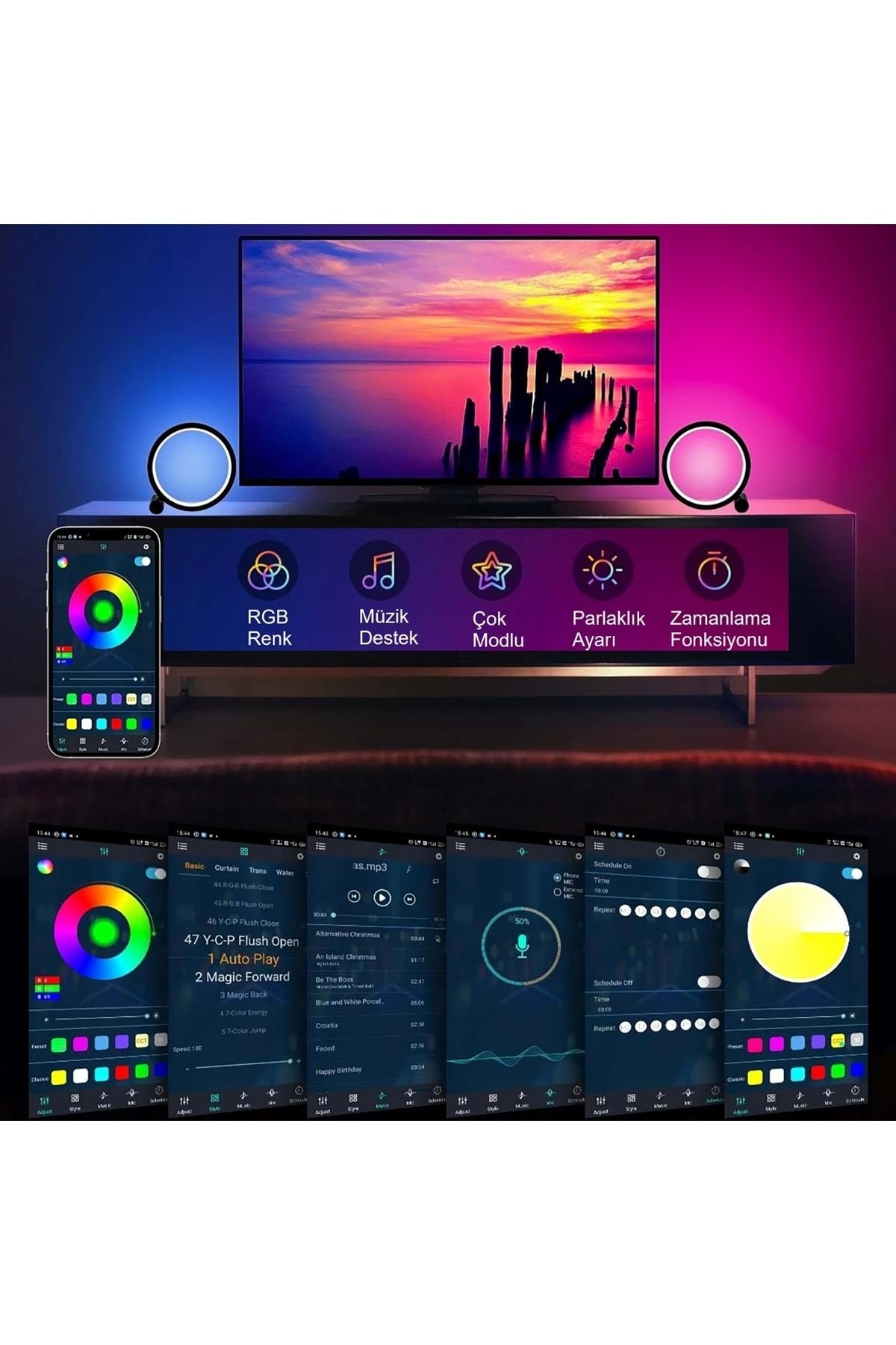 HyMark 10 İnç Akıllı RGB Müzik Ritim Gece Lambası 25cm Alüminyum Halka Led Işığı Masa Lamba