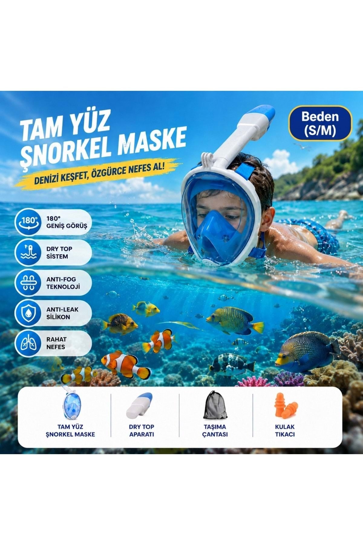HyMark Tam Yüz Şnorkel Maske (S-M) Beden Panoramik Görüşlü Deniz Gözlüğü Dry Top Sistem Şnorkel Seti