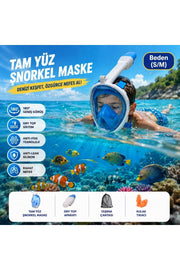 HyMark Tam Yüz Şnorkel Maske (S-M) Beden Panoramik Görüşlü Deniz Gözlüğü Dry Top Sistem Şnorkel Seti
