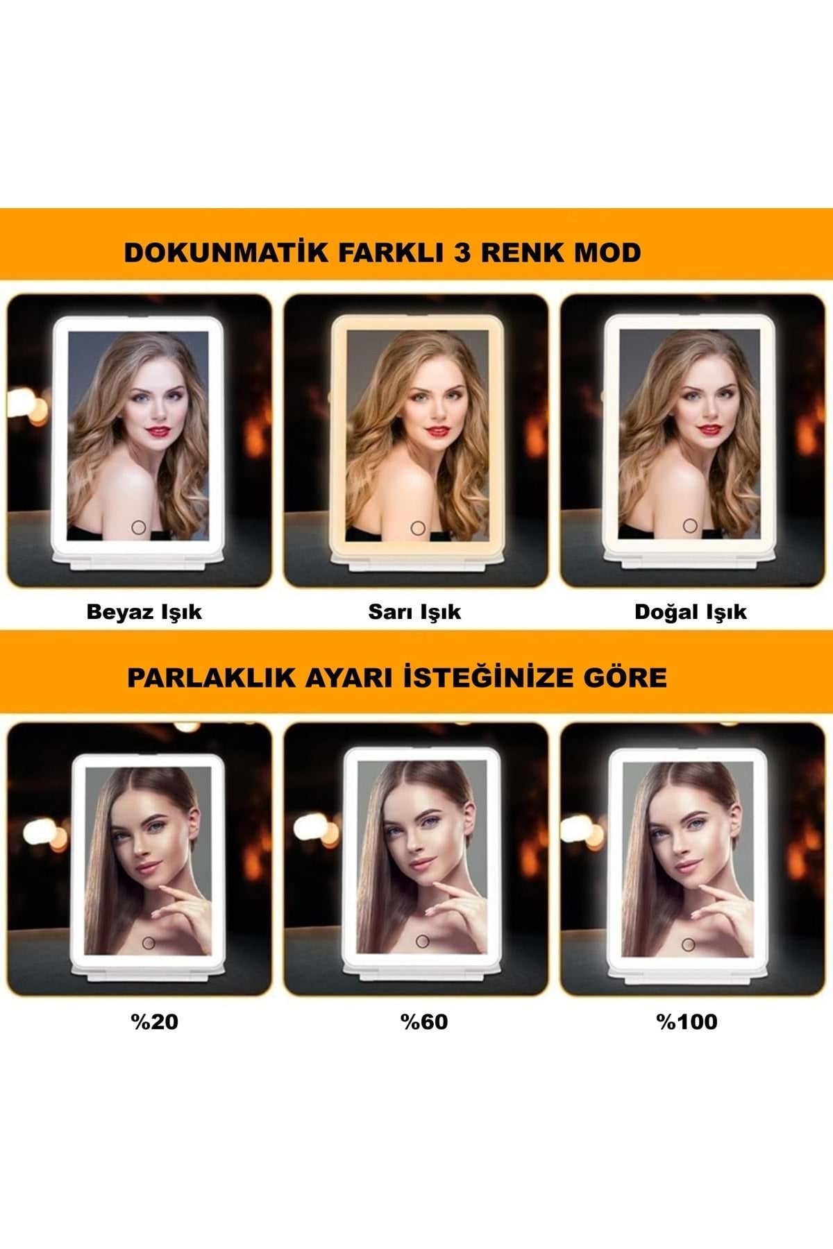 HyMark Araç İçi Dokunmatik Led Işıklı 3 Modlu Makyaj Aynası Kısılabilir Şarjlı Pilli Klips Güneşlik