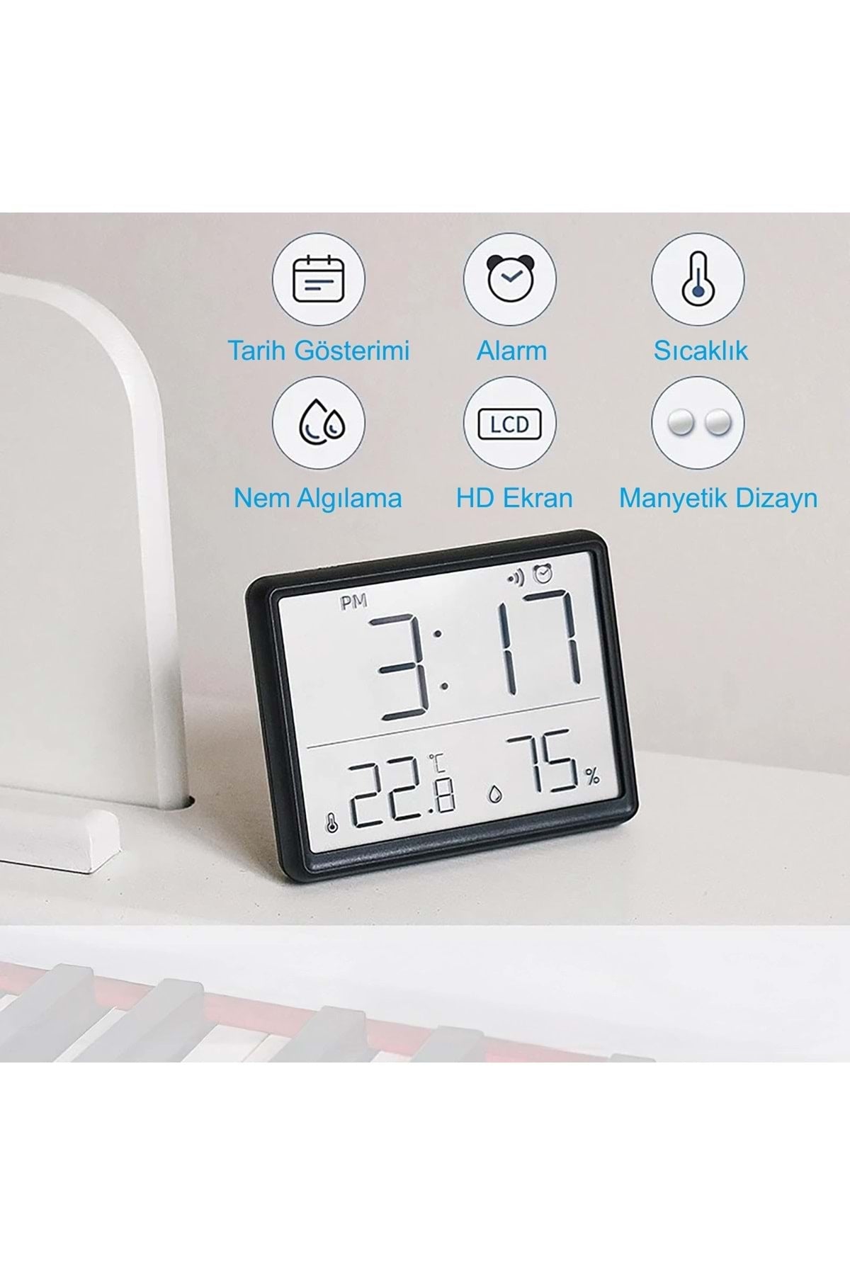 HyMark Mıknatıslı LCD Dijital Ekran 9x7 cm Pilli Mini Saat Alarm Nem Göstergesi Sıcaklık Ölçer