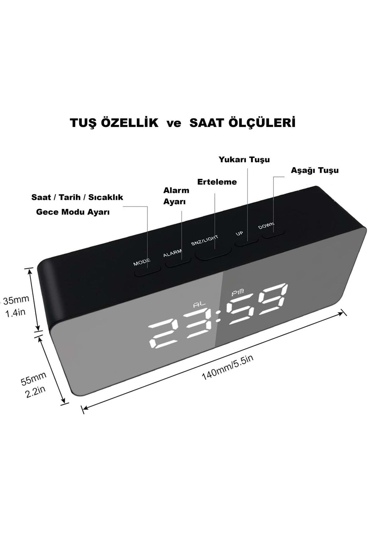 HyMark Dijital Çalar Saat Usb/Pil Aynalı LED Termometre Alarm Gece Modlu Eletronik Saat