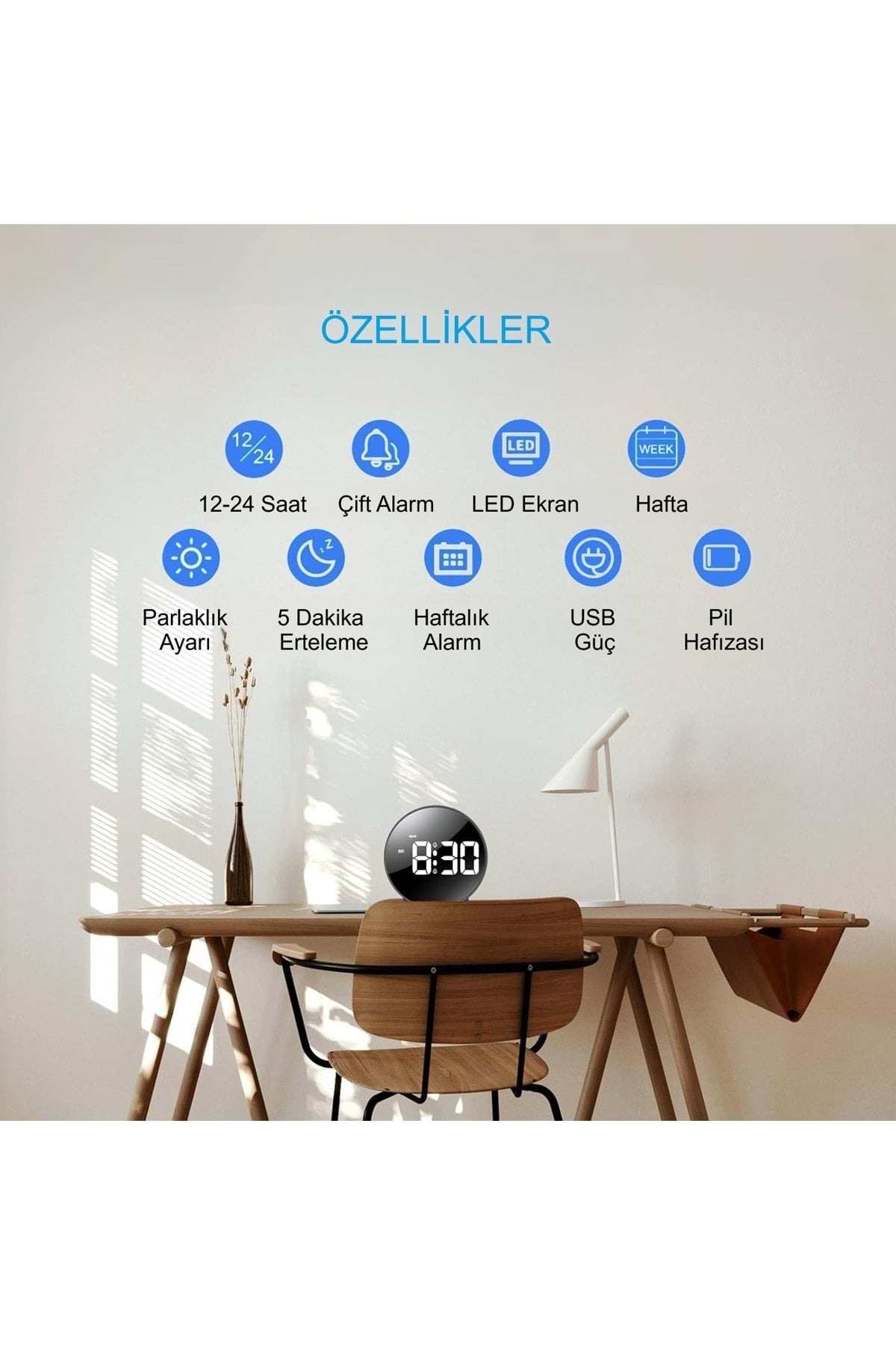 HyMark Yuvarlak Siyah Dijital LED Masa Saati USB Güç Saat Erteleme Modern Saat