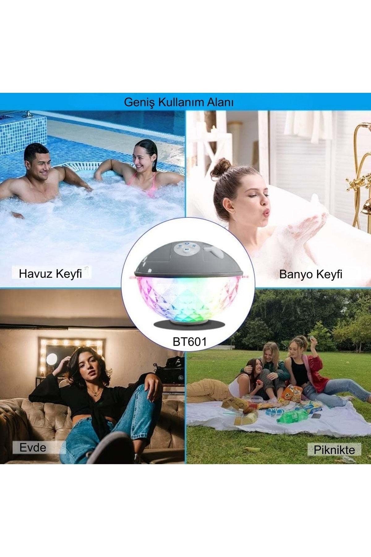 HyMark Bluetooth BT601 Havuz Hoparlörü Renkli RGB Led Işık IP68 Su Geçirmez Dahili Şarjlı Pil
