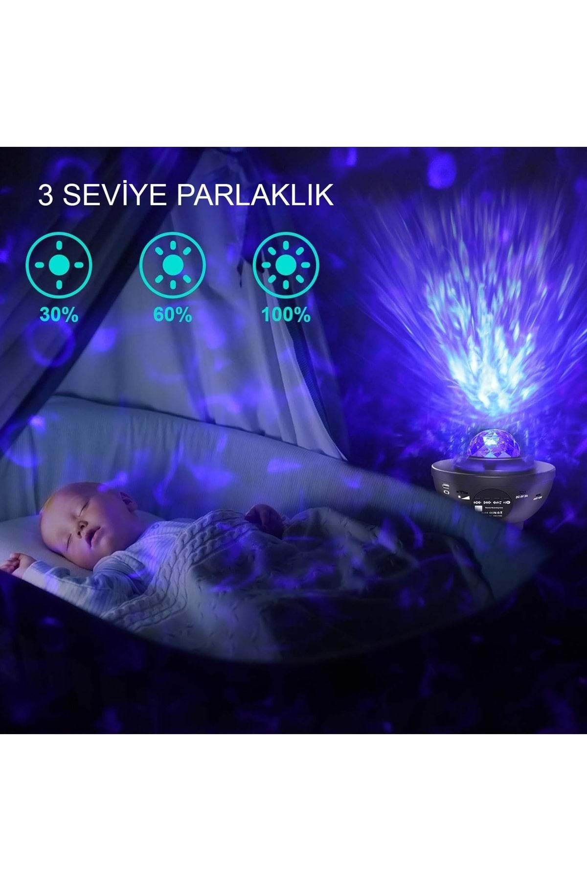 HyMark Led Yıldız Bluetooth Hoparlör Usb Projektör Okyanus Dalgası 21 Modlu Gece Lambası