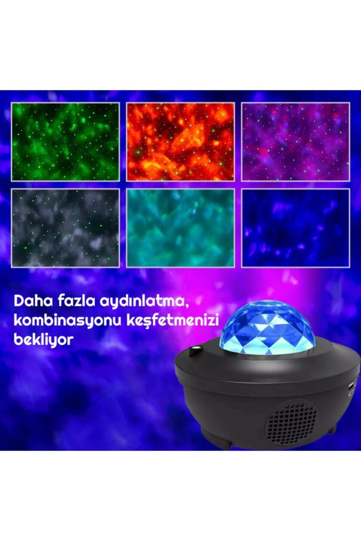 HyMark Led Yıldız Bluetooth Hoparlör Usb Projektör Okyanus Dalgası 21 Modlu Gece Lambası