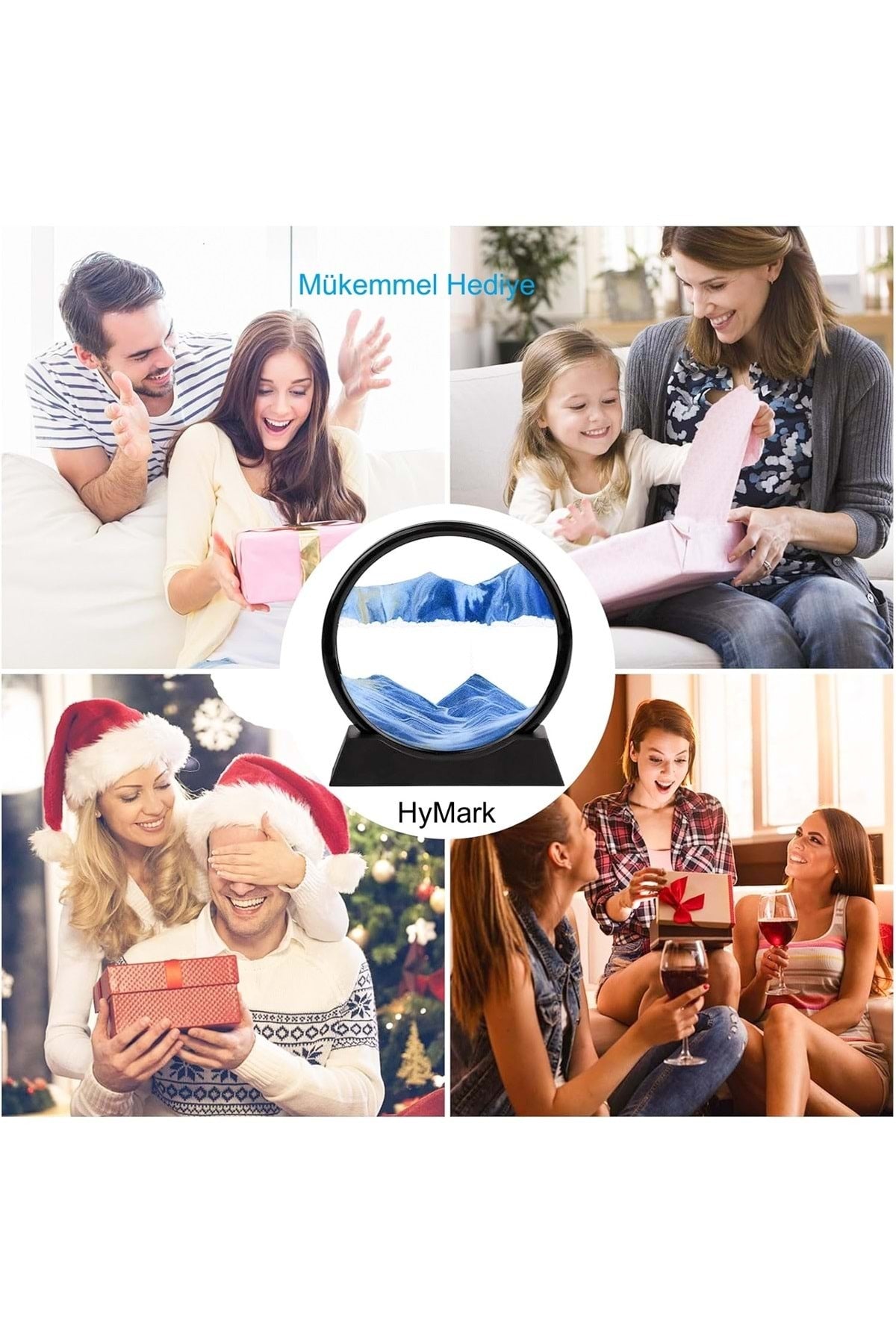 HyMark Hareketli 3D Kum Saati 30cm Büyük Boy Mavi Yuvarlak 12inch Cam Dekoratif Sanatsal Rahatlatıcı
