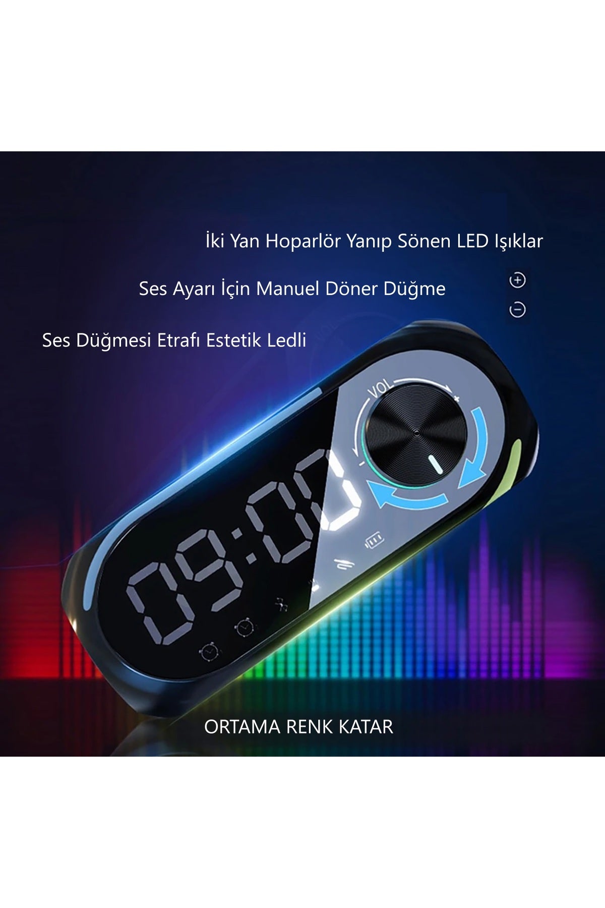 HyMark Bluetooth S8 RGB Led Işıklı Dijital Saat Alarm Şarjlı Hoparlör MP3 Fm Çok Fonksiyonlu Speaker