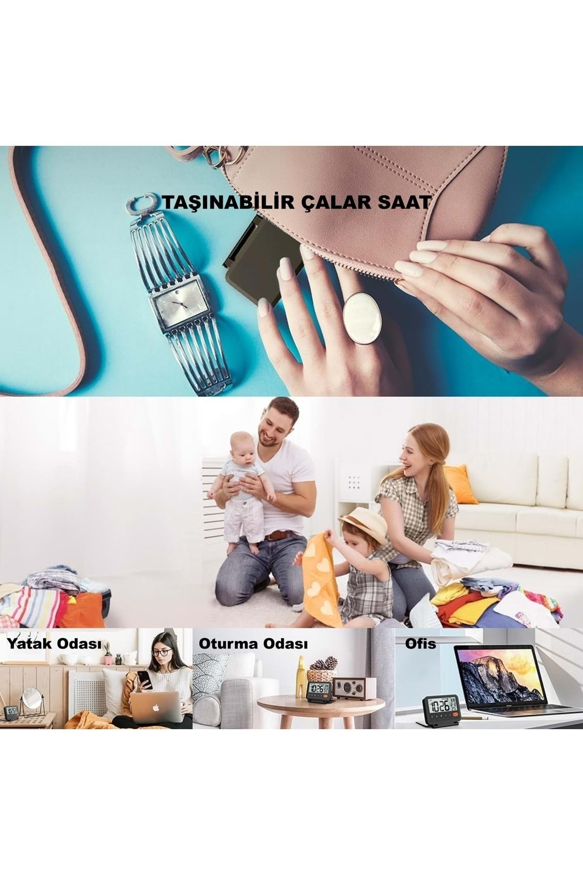 HyMark LCD Katlanır 10x8cm Dijital Masa Saati Çalar Saat Takvim Sıcaklık Led Pilli Seyahat Ofis Ev