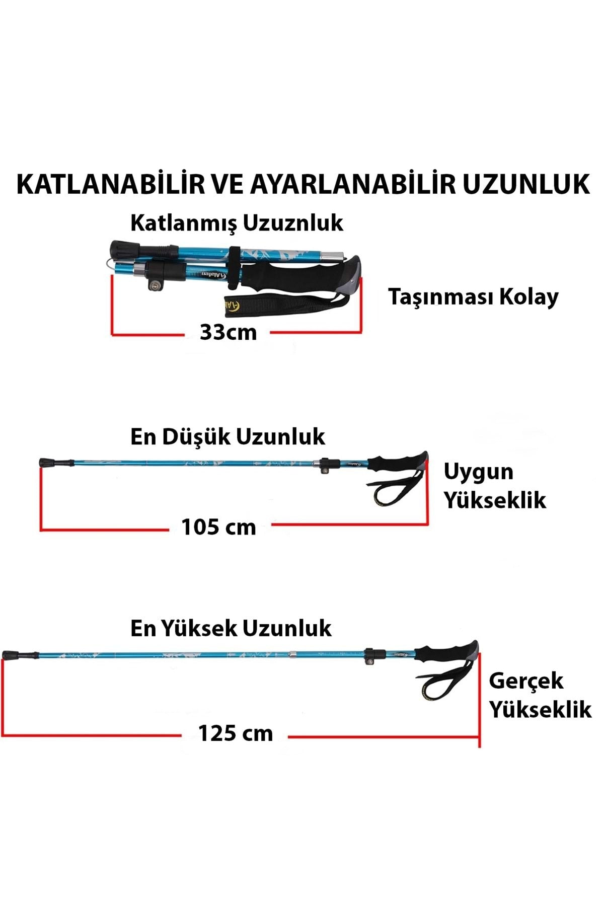 HyMark Trekking Hafif Katlanabilir 105-125cm Dağcı Doğa Kamp Yürüyüş Tırmanma Batonu