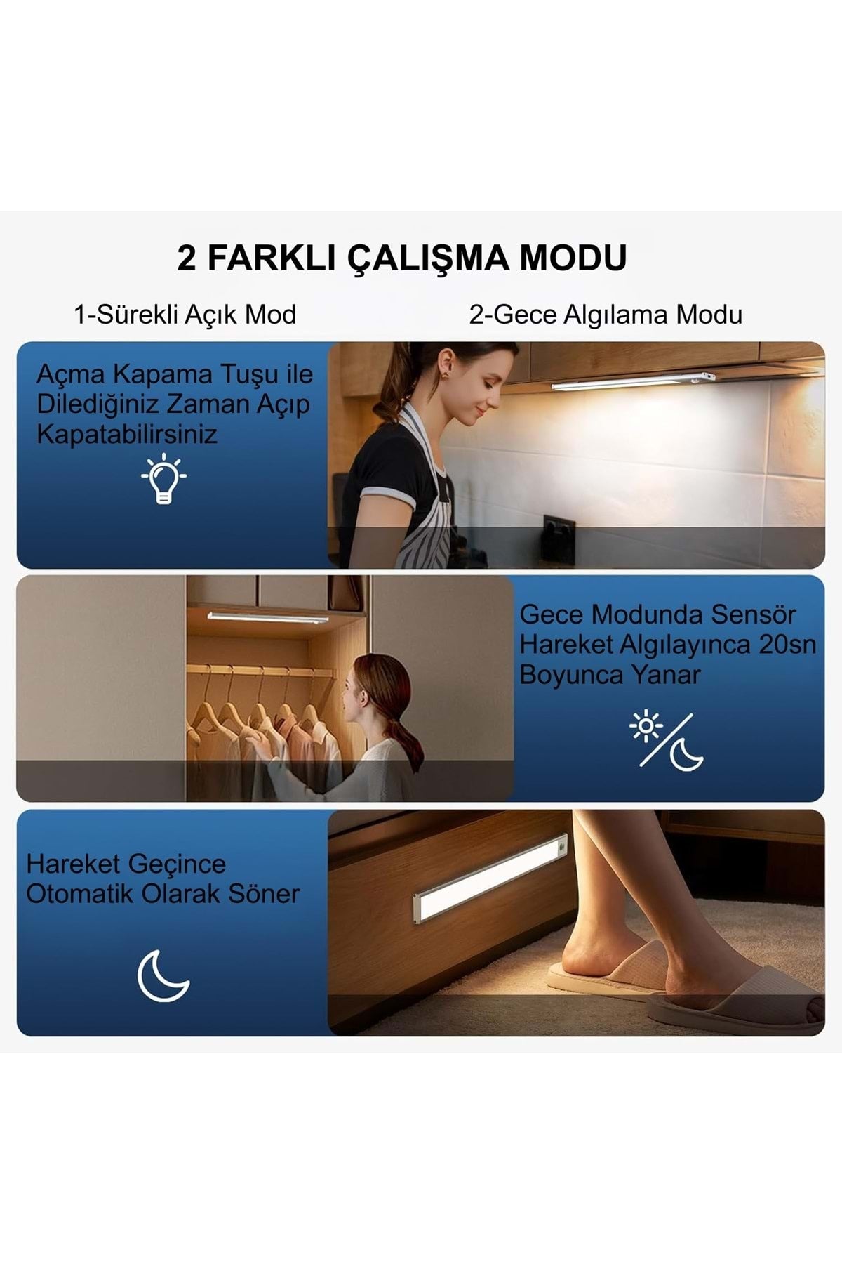 HyMark 40cm Sensörlü Alüminyum USB Şarjlı LED Gece Lambası 3 Renk Kısılabilir Mutfak Dolap Tezgah